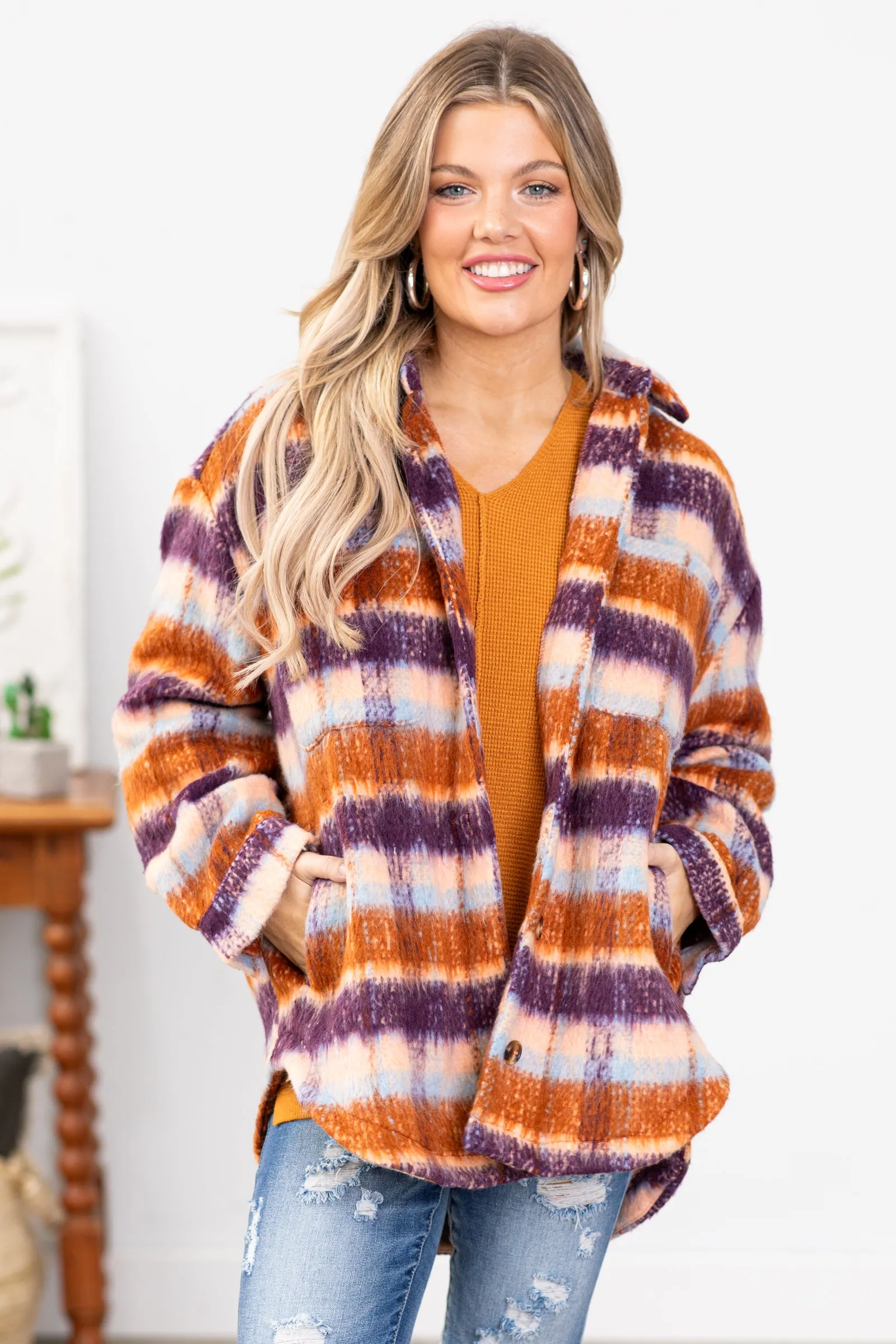 Purple and Orange Brushed Plaid Shacket