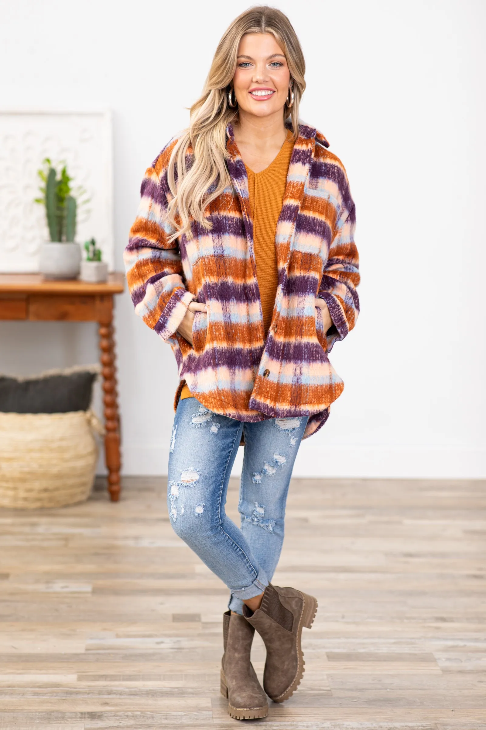 Purple and Orange Brushed Plaid Shacket