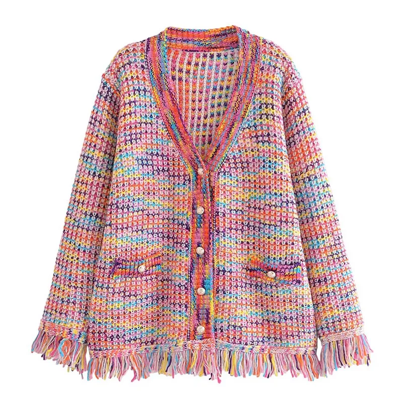 Rainbow Color Knitted Sweater Fringe Cardigan