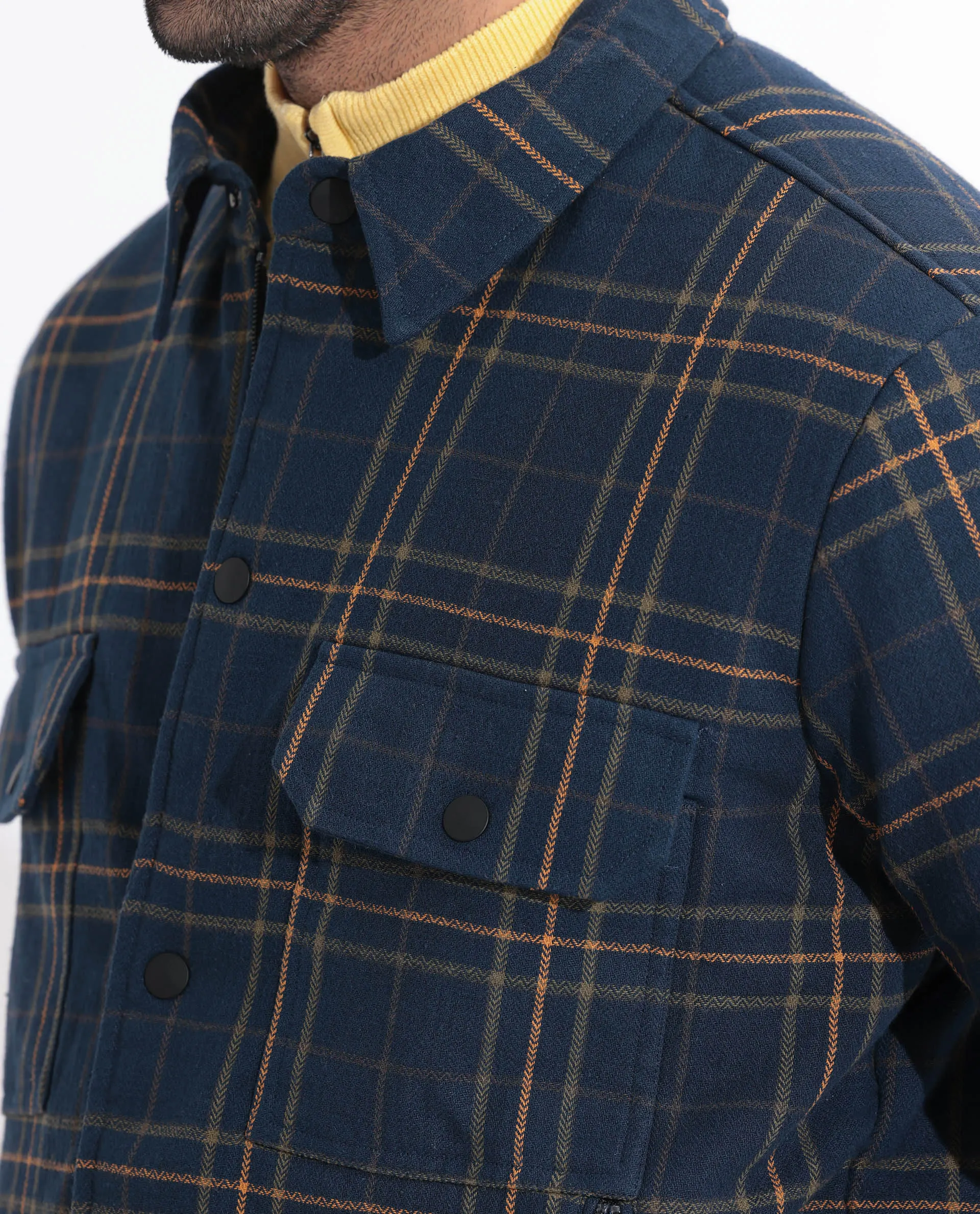 Rare Rabbit Men's Hollis Dark Navy Regular Collar Checks Shacket