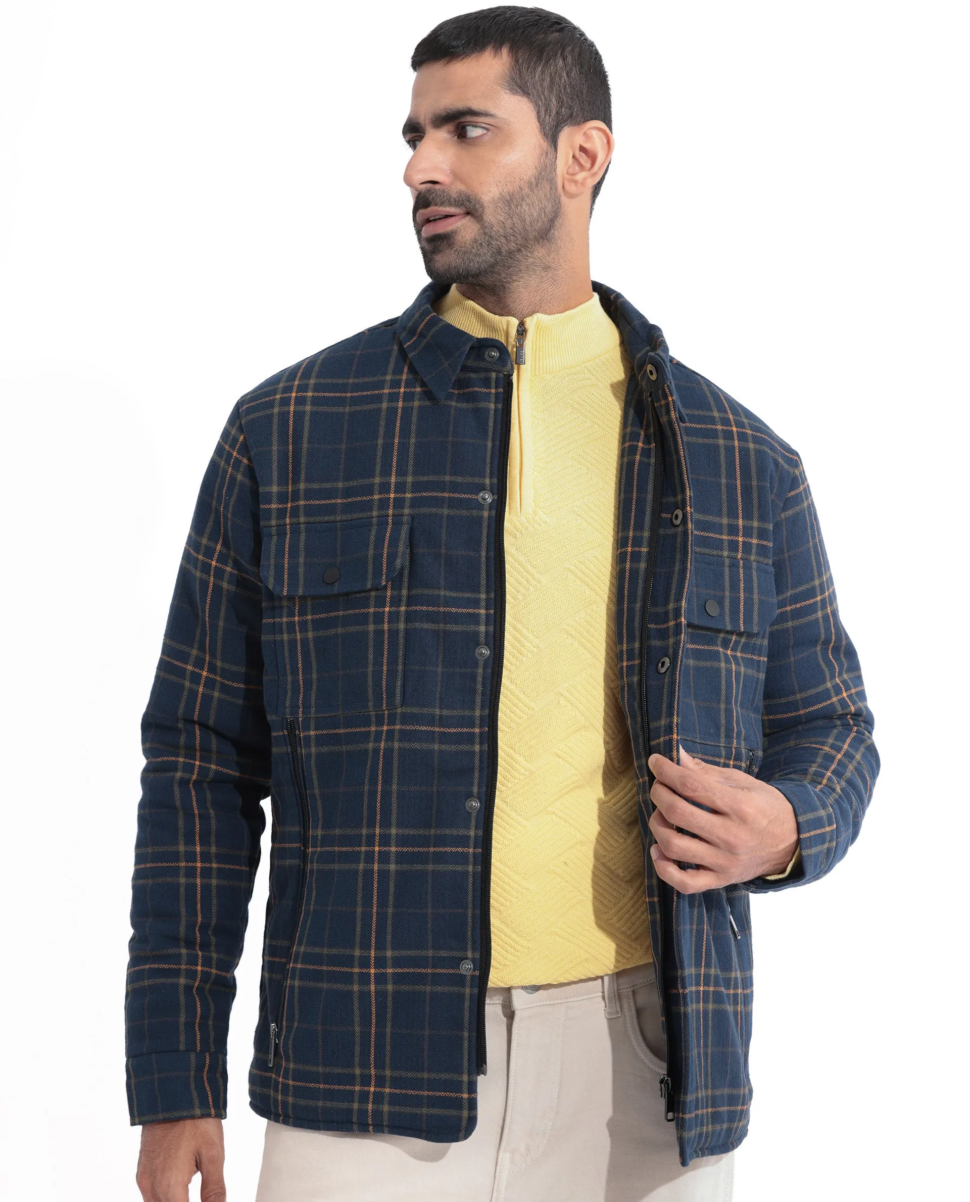 Rare Rabbit Men's Hollis Dark Navy Regular Collar Checks Shacket