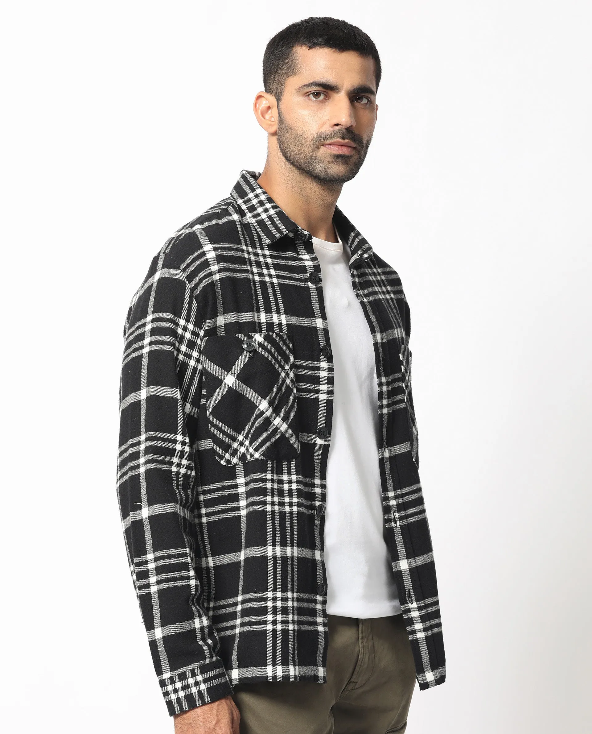 Rare Rabbit Men's Rousso Black Cotton Fabric Full Sleeve Button Closure Twill Checks Shacket