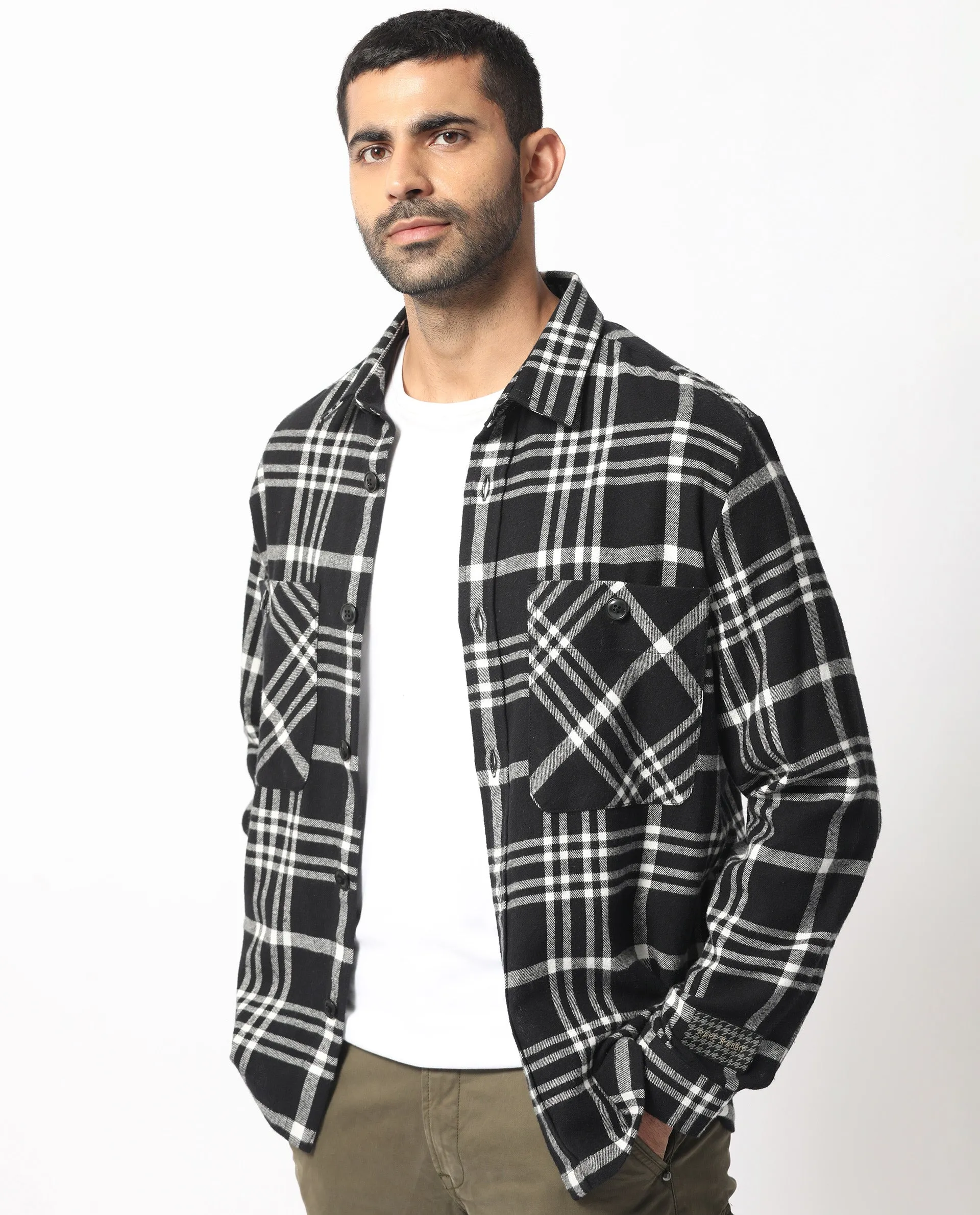 Rare Rabbit Men's Rousso Black Cotton Fabric Full Sleeve Button Closure Twill Checks Shacket