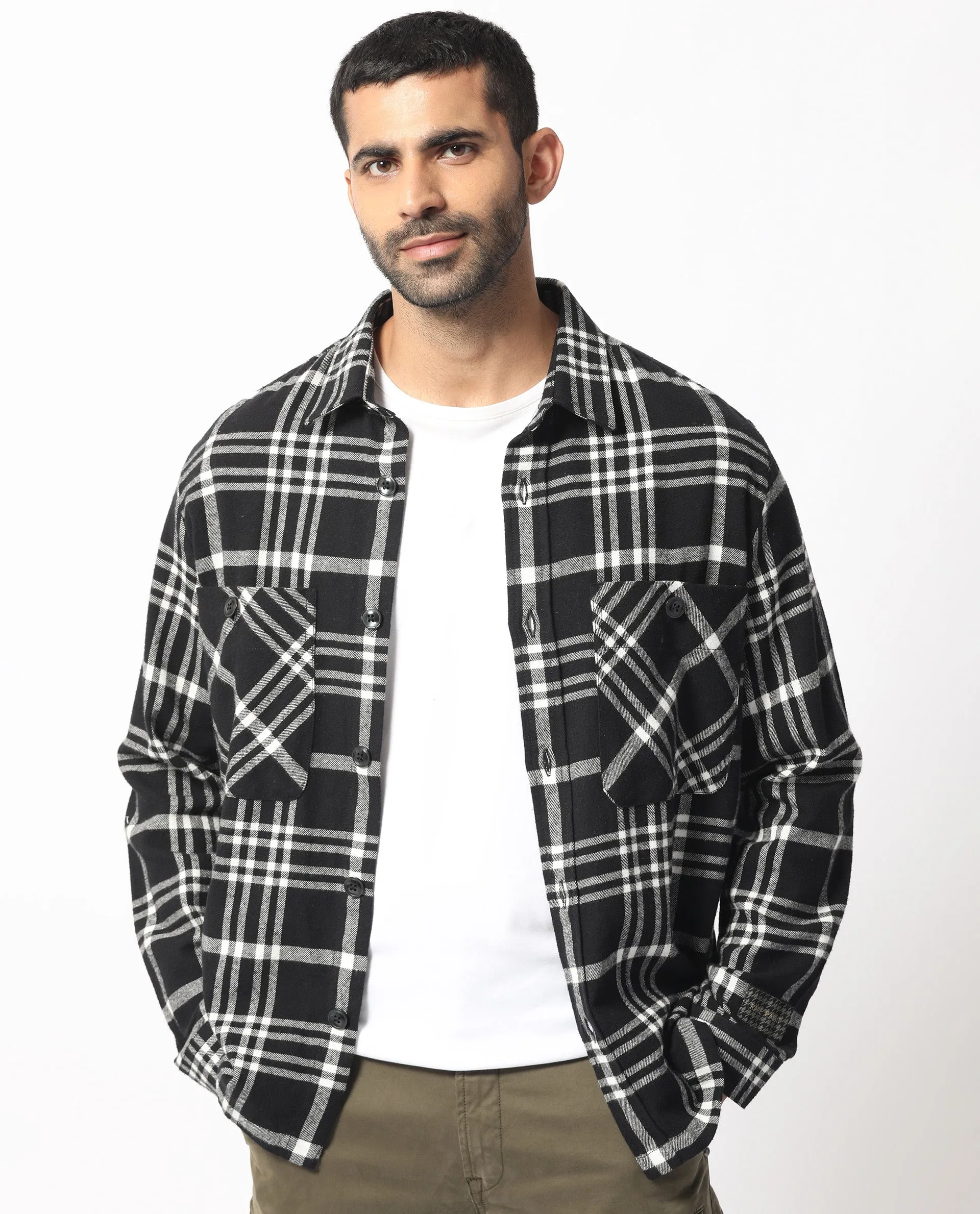 Rare Rabbit Men's Rousso Black Cotton Fabric Full Sleeve Button Closure Twill Checks Shacket