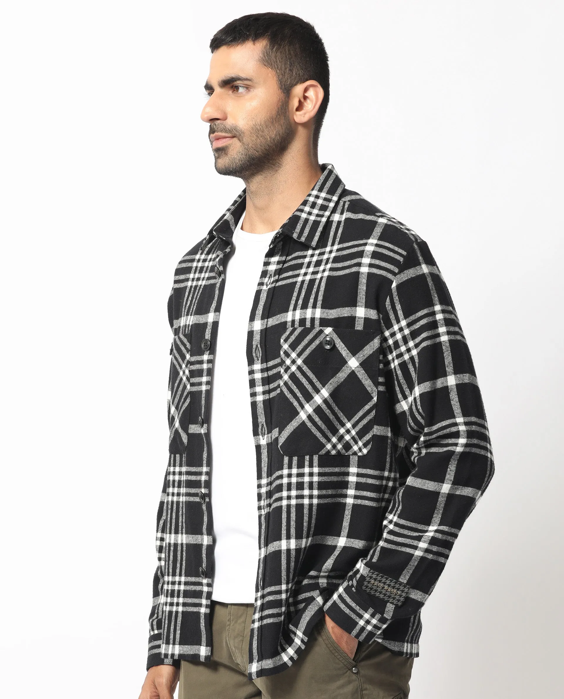 Rare Rabbit Men's Rousso Black Cotton Fabric Full Sleeve Button Closure Twill Checks Shacket