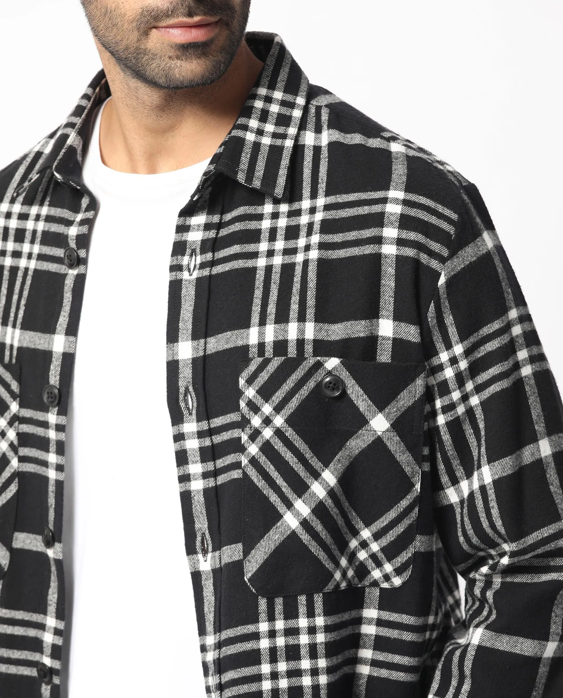 Rare Rabbit Men's Rousso Black Cotton Fabric Full Sleeve Button Closure Twill Checks Shacket