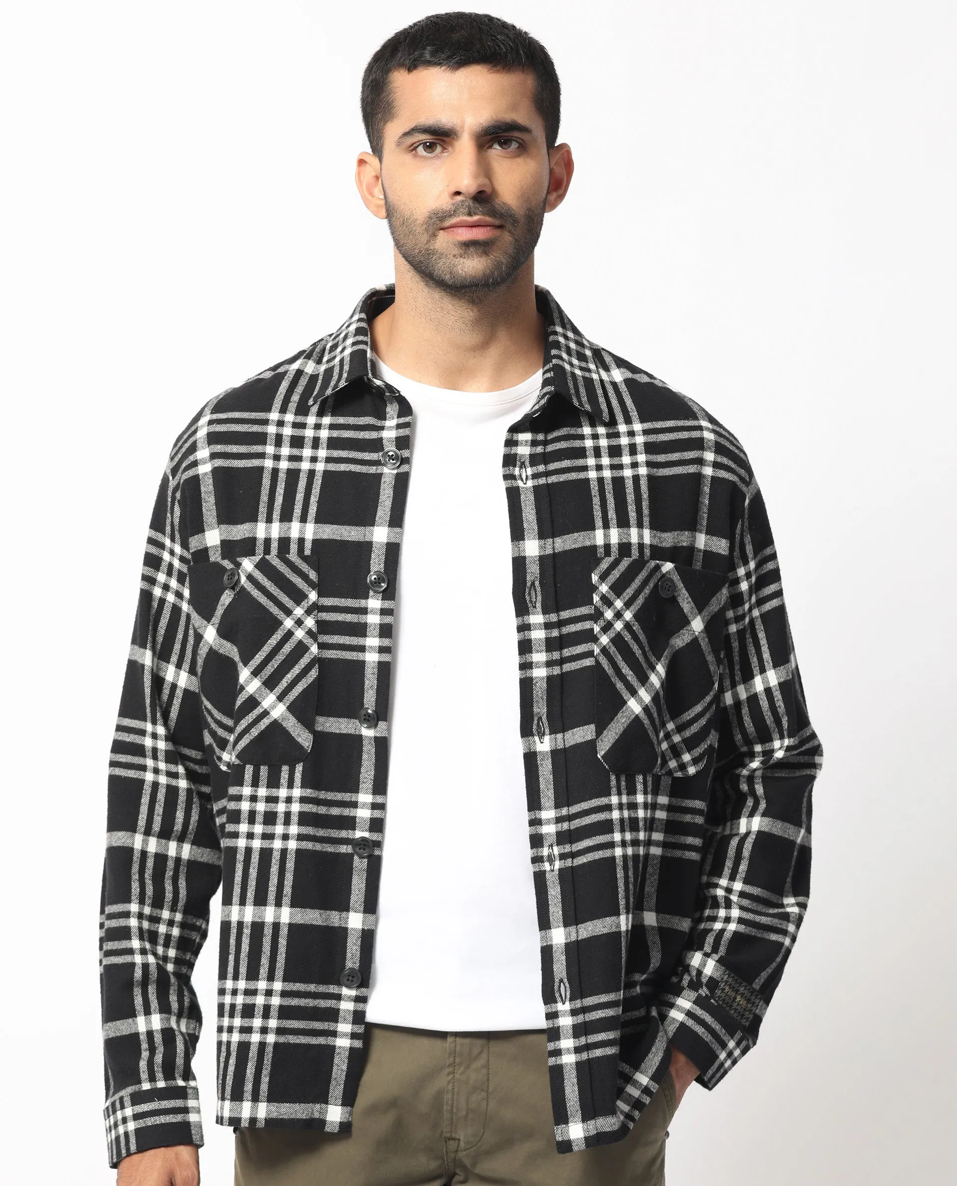 Rare Rabbit Men's Rousso Black Cotton Fabric Full Sleeve Button Closure Twill Checks Shacket