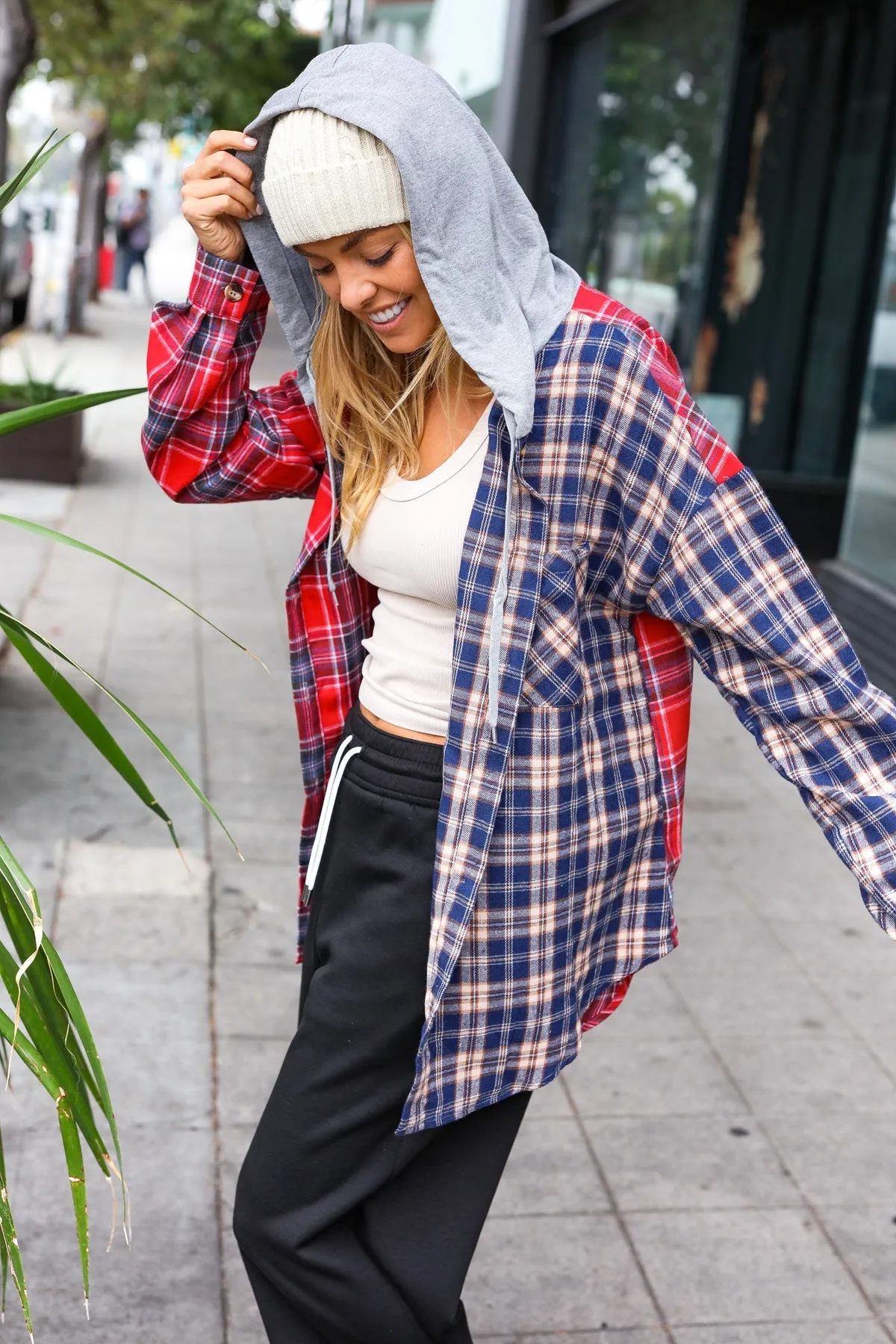 Red & Navy Plaid Color Block Hoodie Shacket