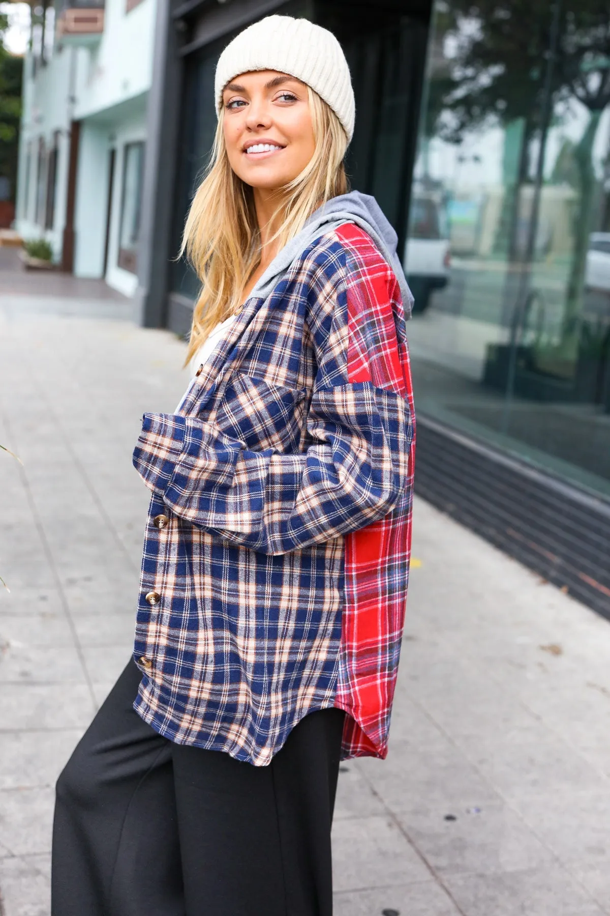 Red & Navy Plaid Color Block Hoodie Shacket