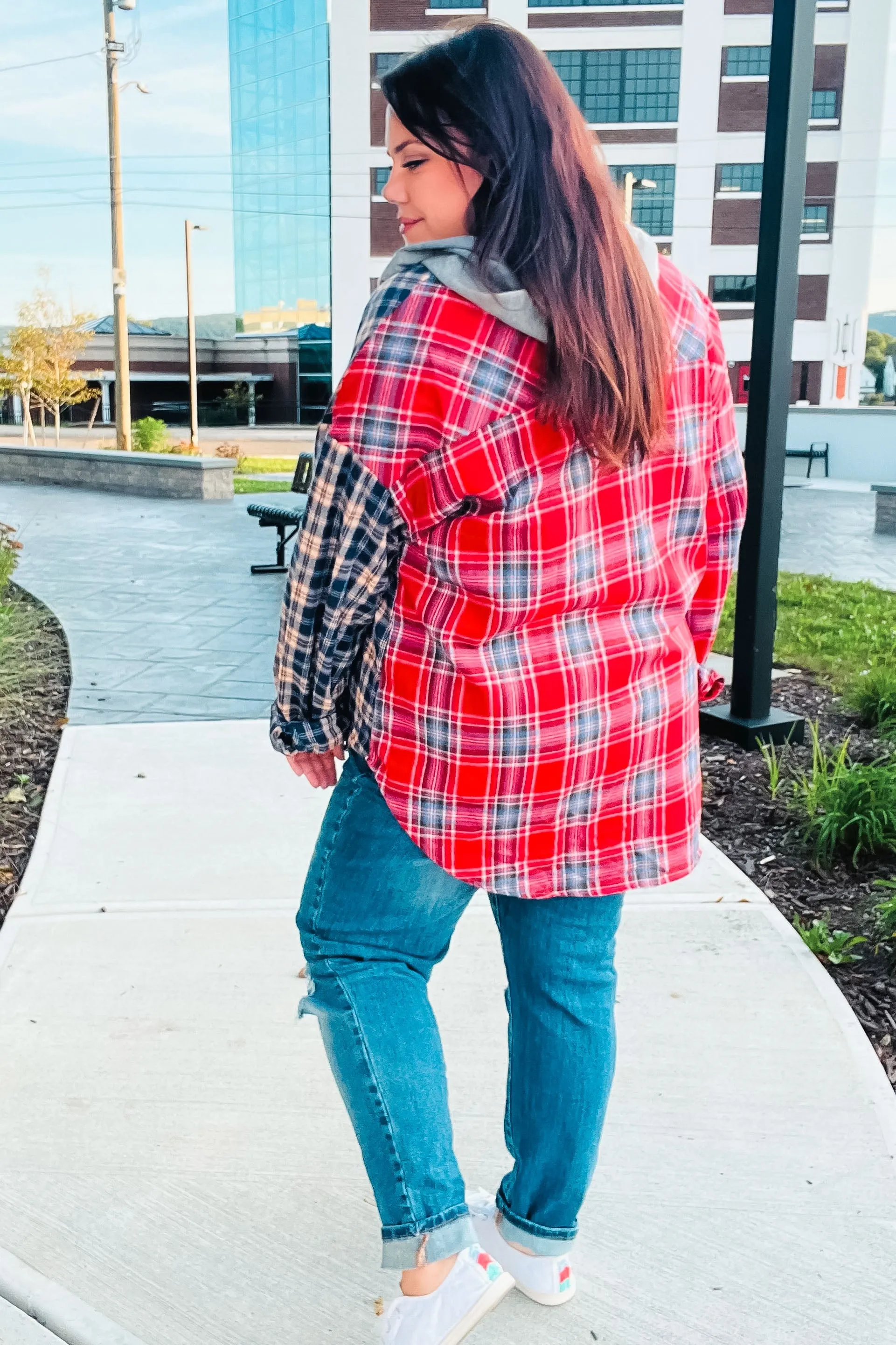 Red & Navy Plaid Color Block Hoodie Shacket