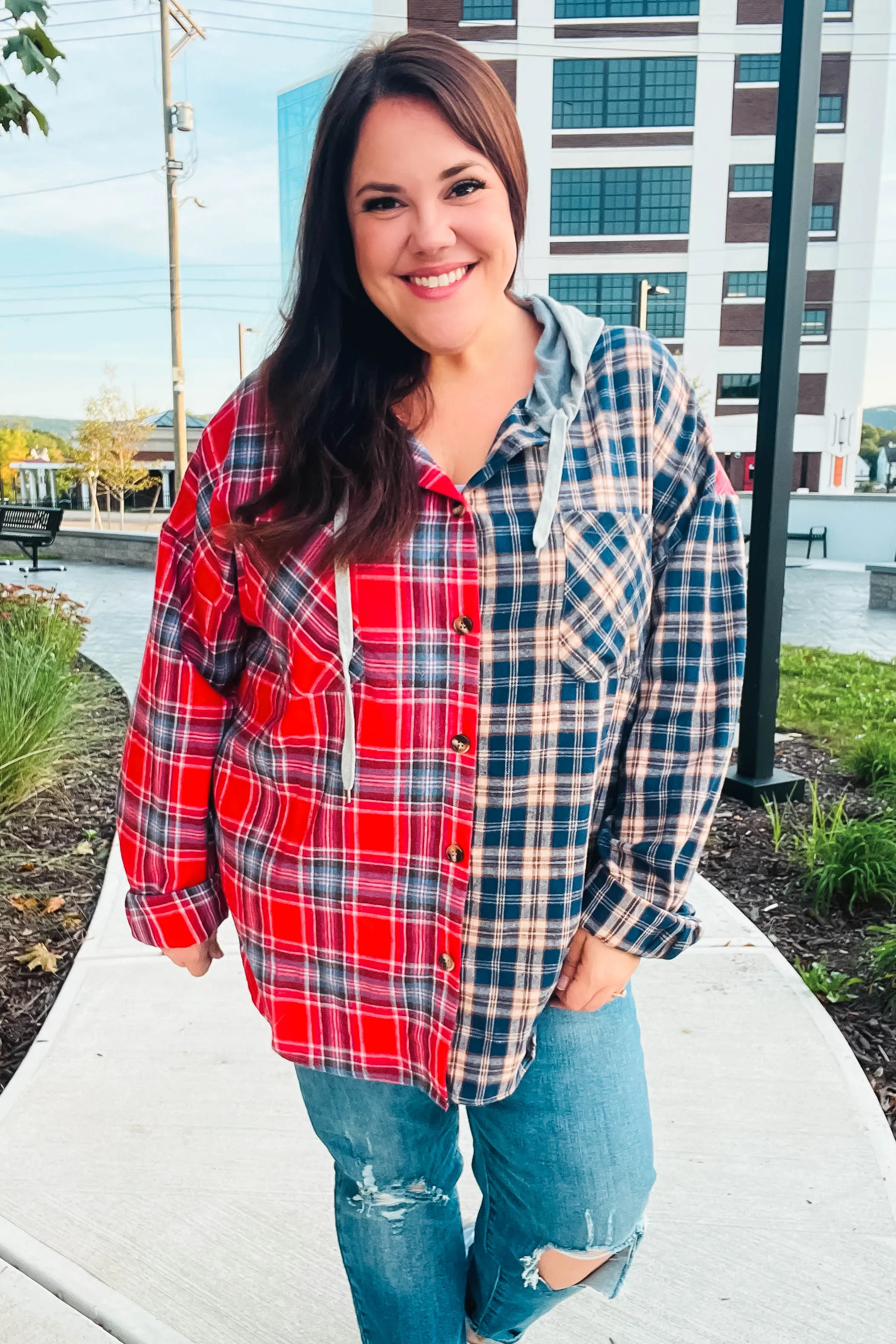 Red & Navy Plaid Color Block Hoodie Shacket