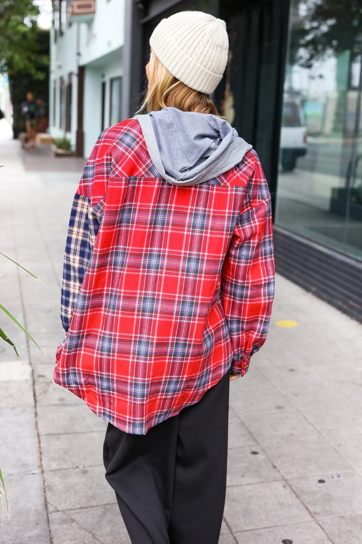 Red & Navy Plaid Color Block Hoodie Shacket