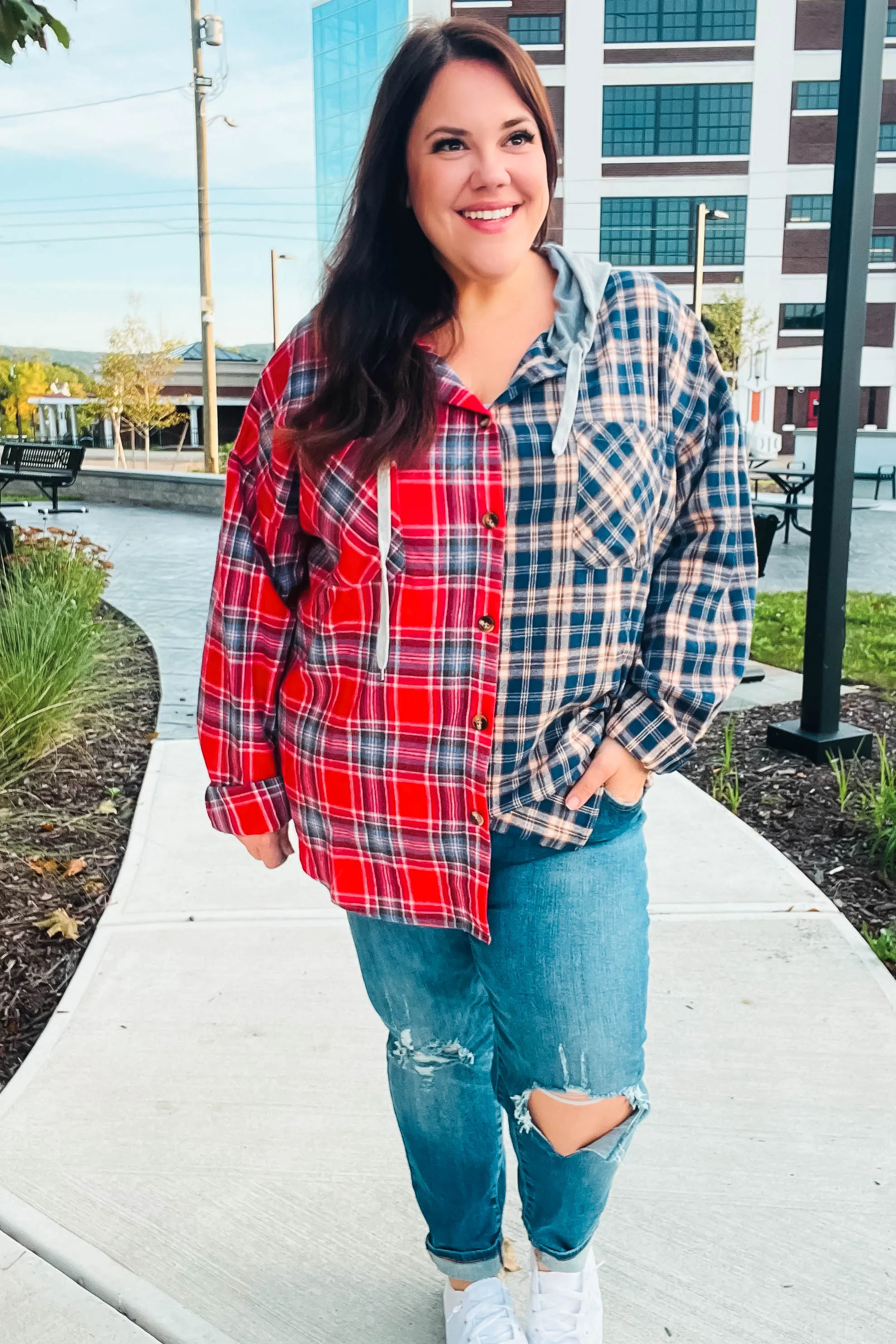 Red & Navy Plaid Color Block Hoodie Shacket