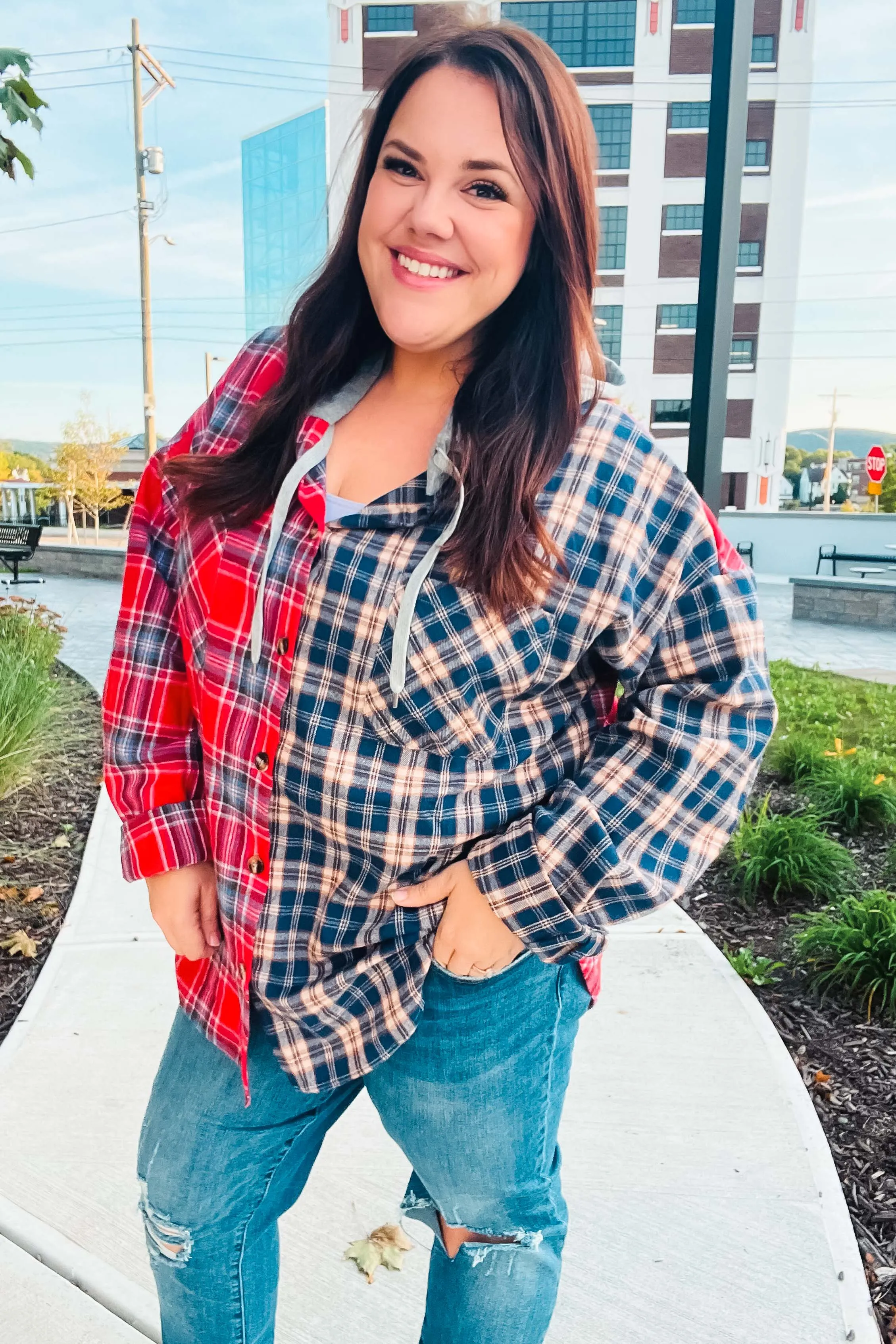 Red & Navy Plaid Color Block Hoodie Shacket