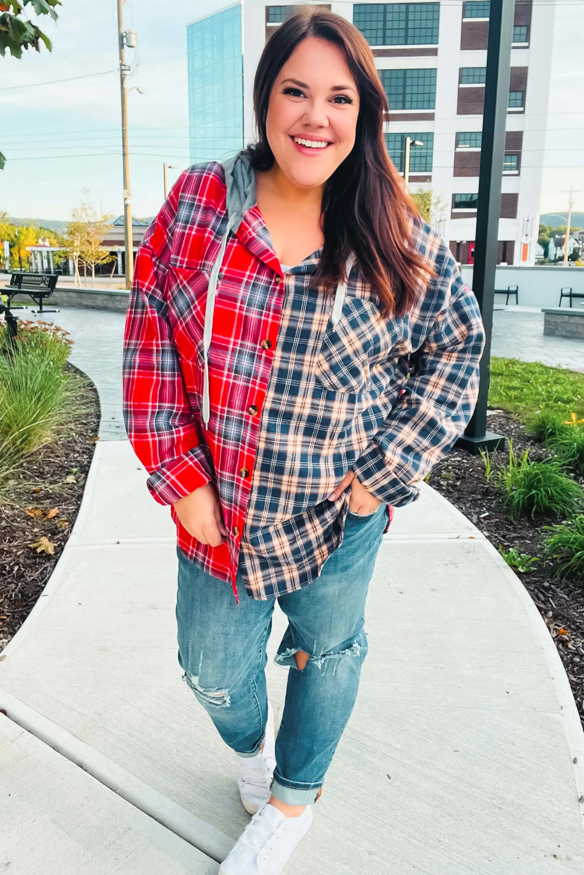 Red & Navy Plaid Color Block Hoodie Shacket