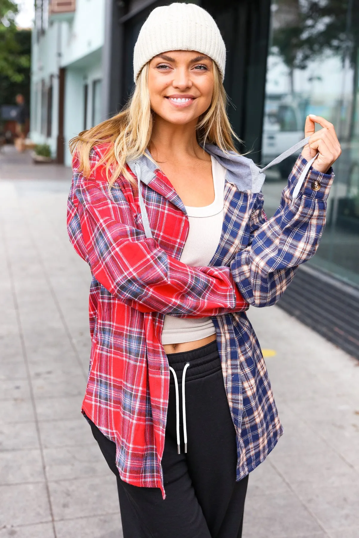 Red & Navy Plaid Color Block Hoodie Shacket