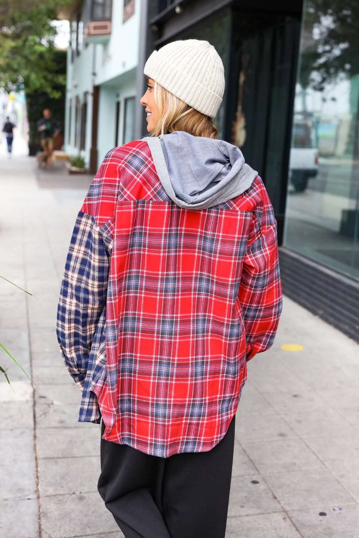 Red & Navy Plaid Color Block Hoodie Shacket