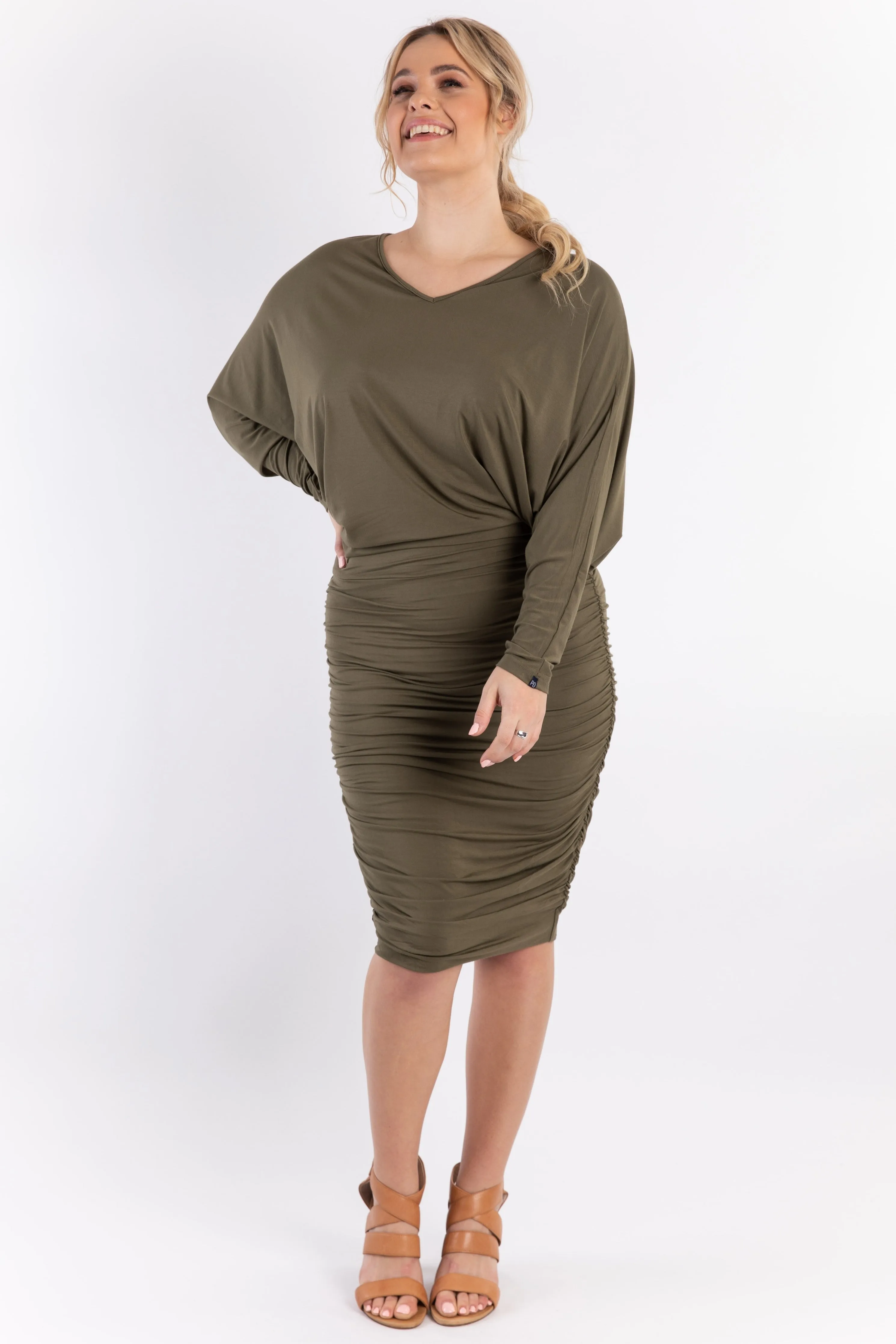 Ruche Dress | Khaki | FINAL SALE