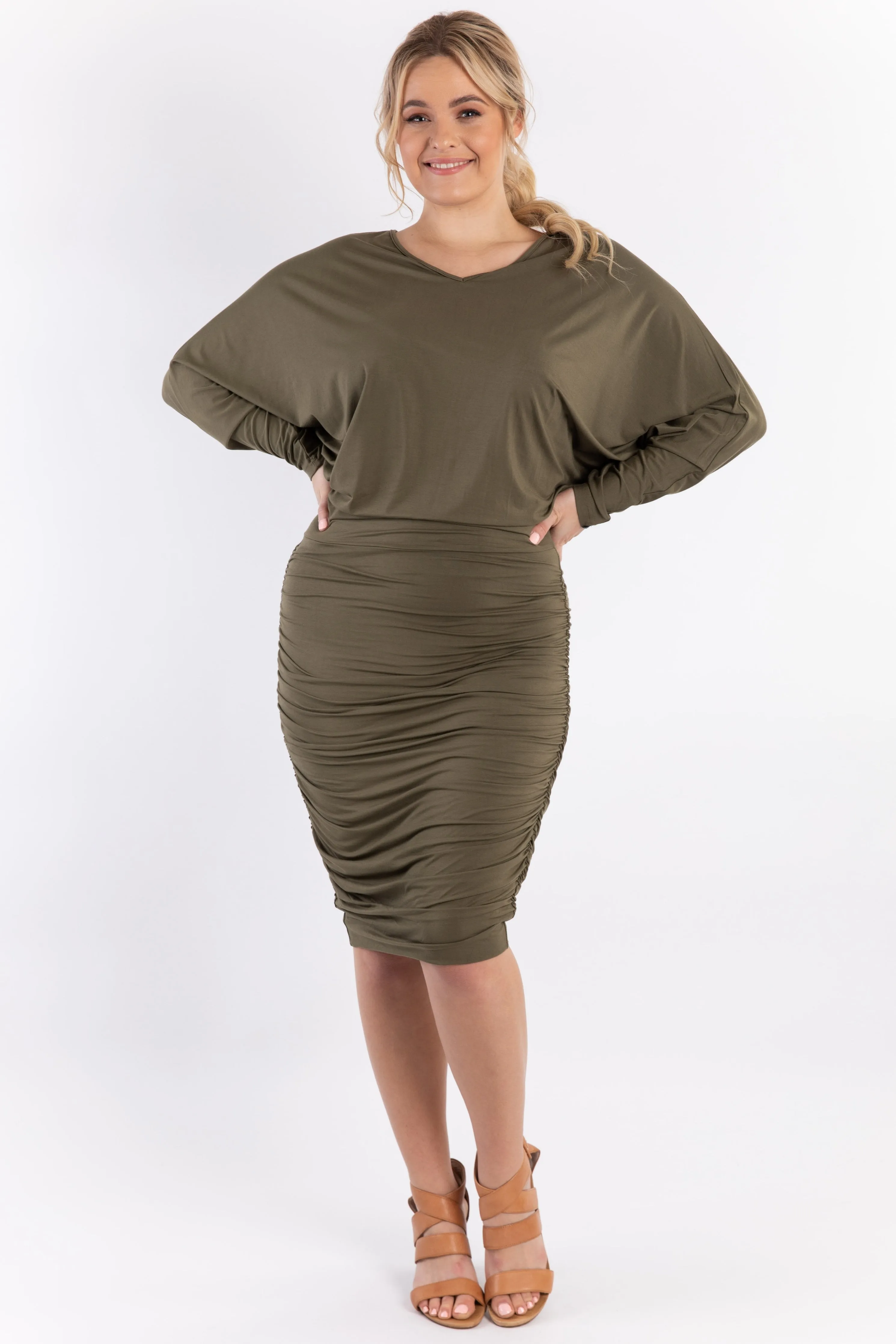 Ruche Dress | Khaki | FINAL SALE