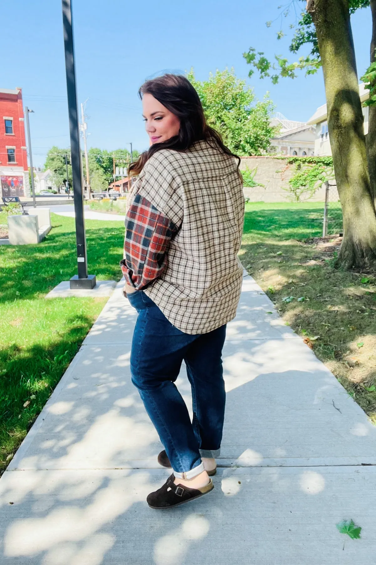 Rust & Taupe Plaid Color Block Shacket