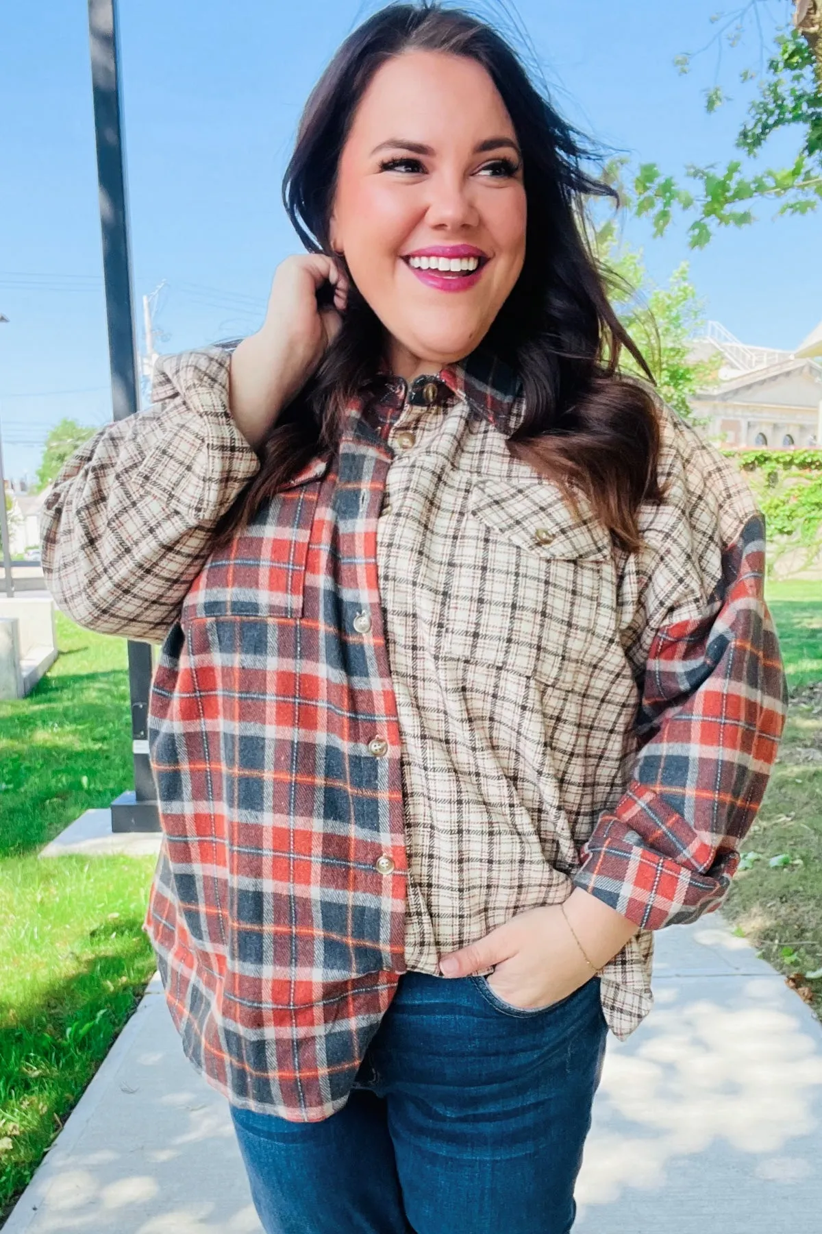 Rust & Taupe Plaid Color Block Shacket