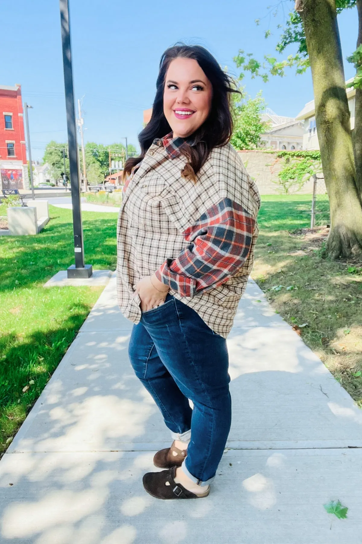 Rust & Taupe Plaid Color Block Shacket