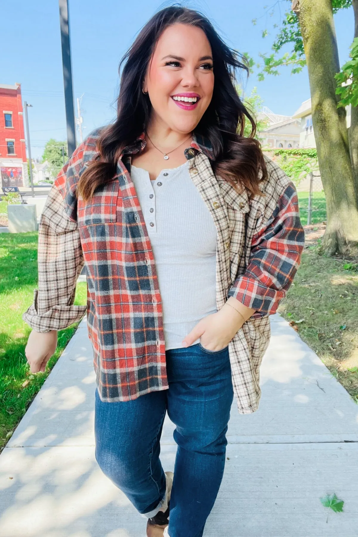 Rust & Taupe Plaid Color Block Shacket