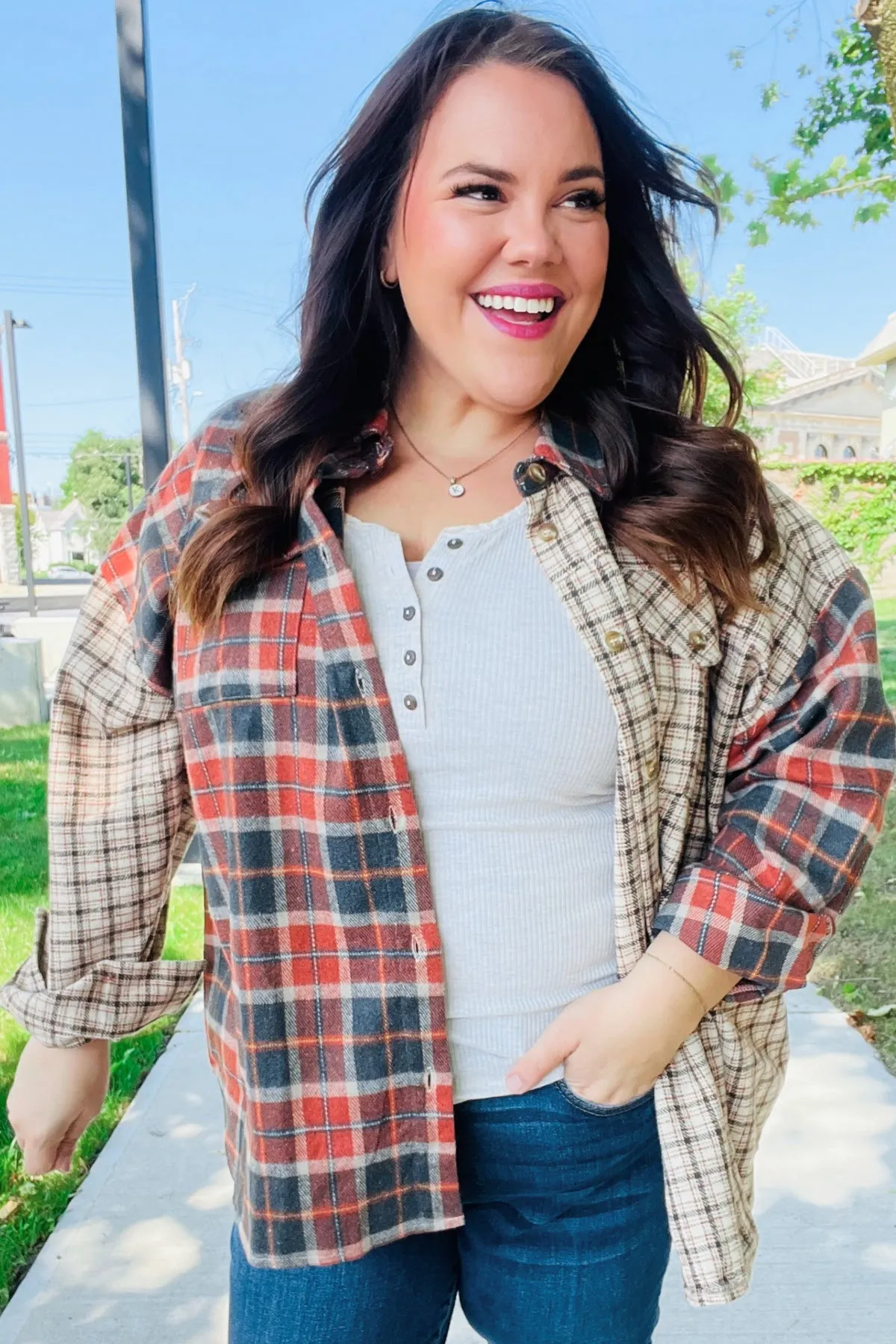 Rust & Taupe Plaid Color Block Shacket