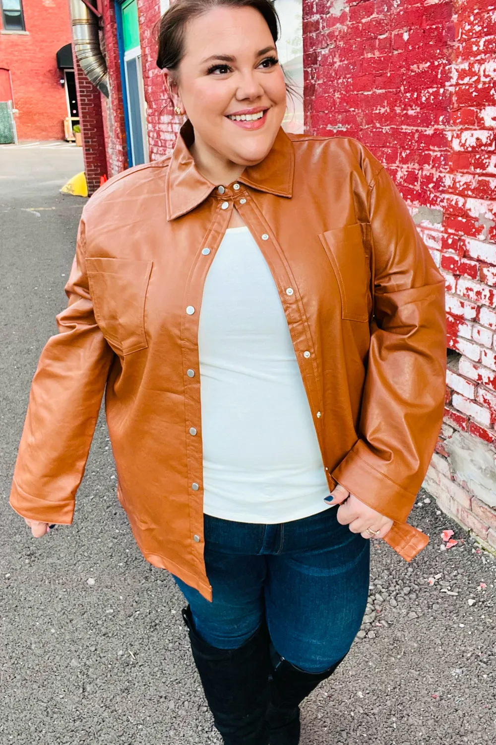 Rust Vegan Leather Snap Button Shacket