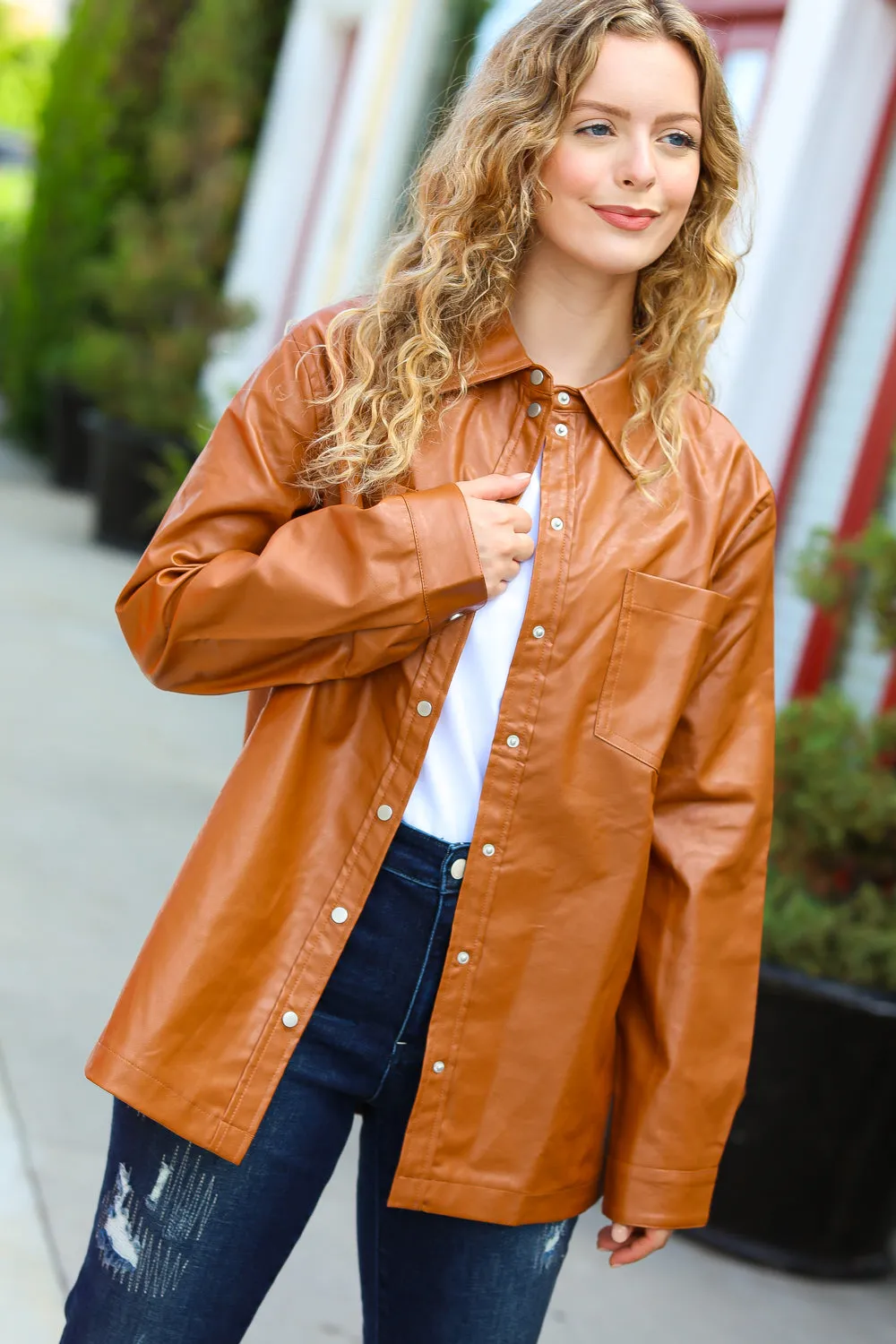 Rust Vegan Leather Snap Button Shacket