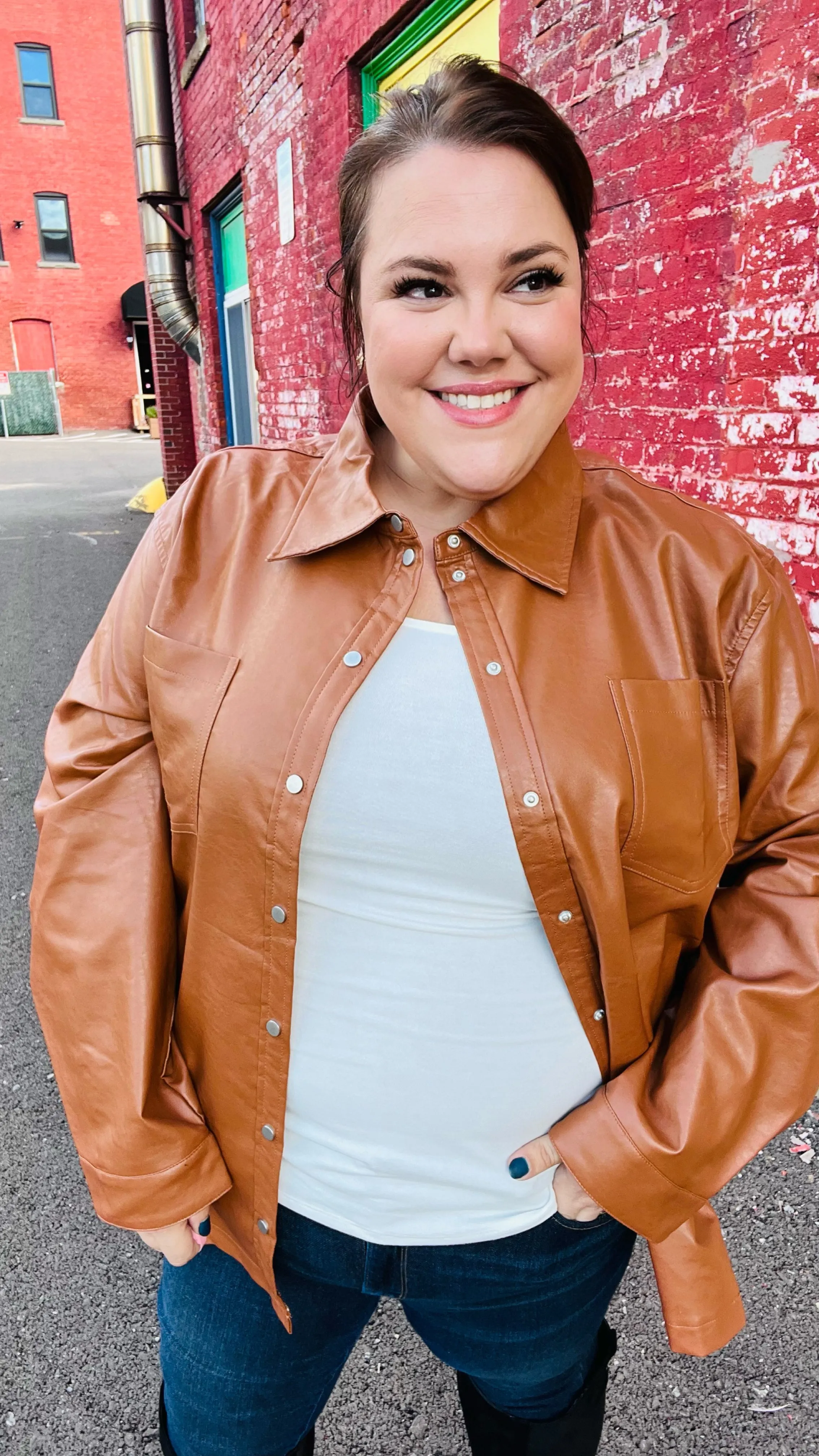 Rust Vegan Leather Snap Button Shacket