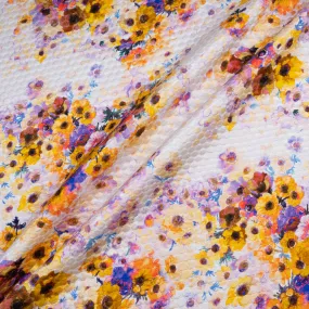 Saffron Yellow & Deep Purple Floral Printed Cotton & Silk Blend Cloqué