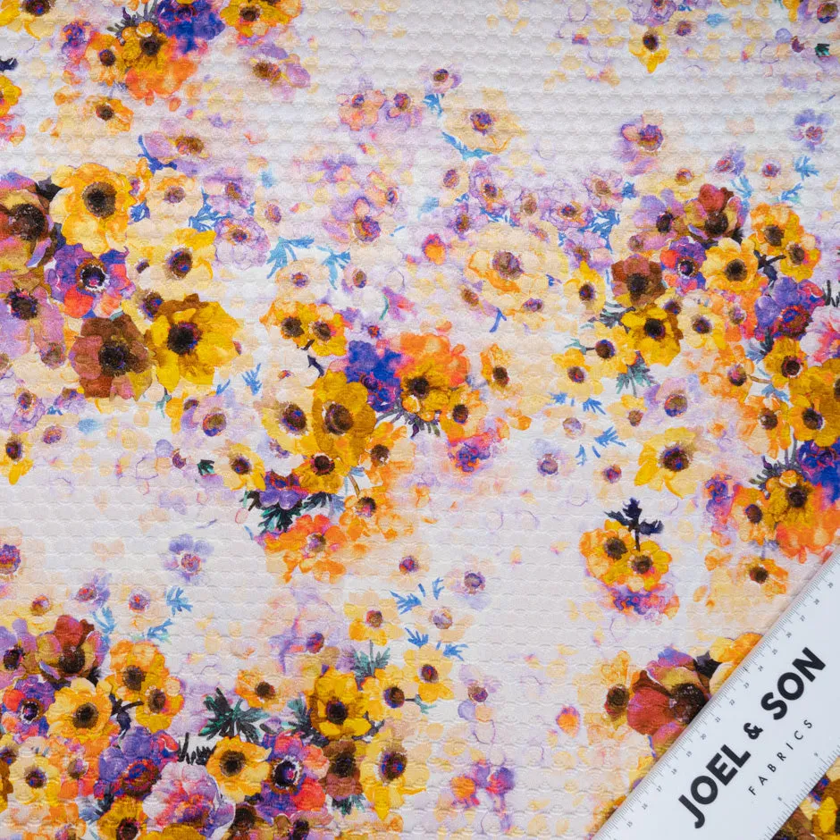 Saffron Yellow & Deep Purple Floral Printed Cotton & Silk Blend Cloqué