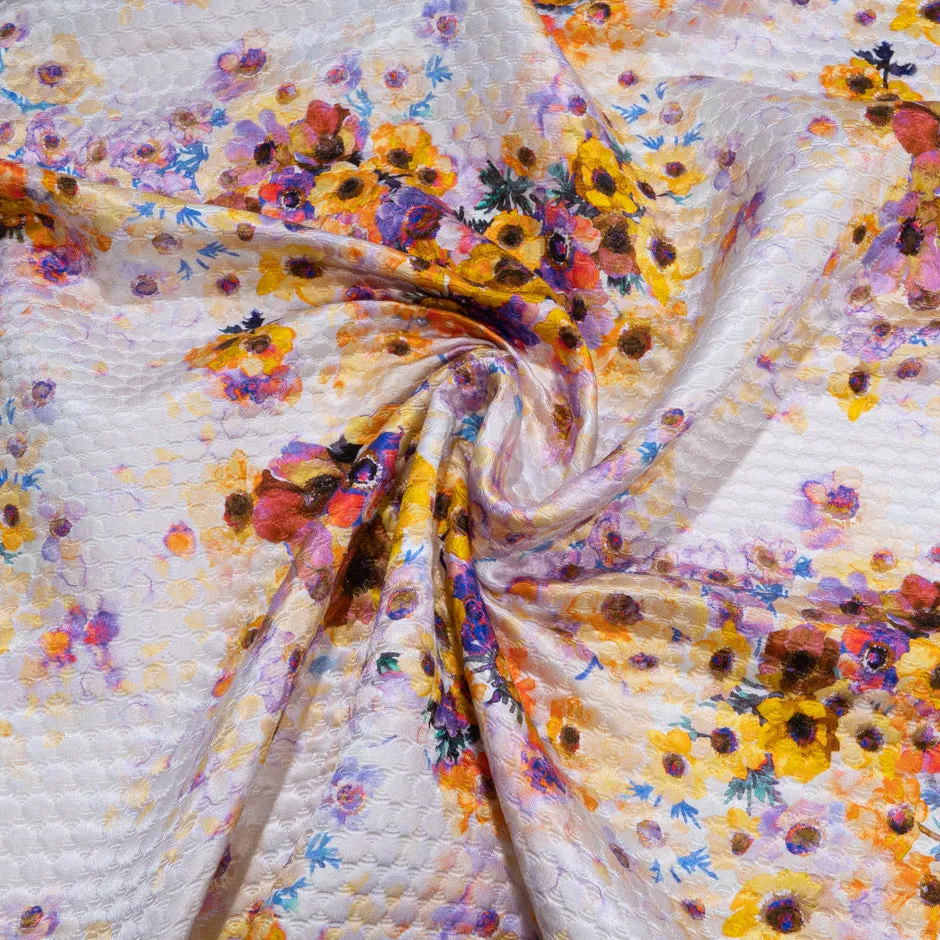 Saffron Yellow & Deep Purple Floral Printed Cotton & Silk Blend Cloqué