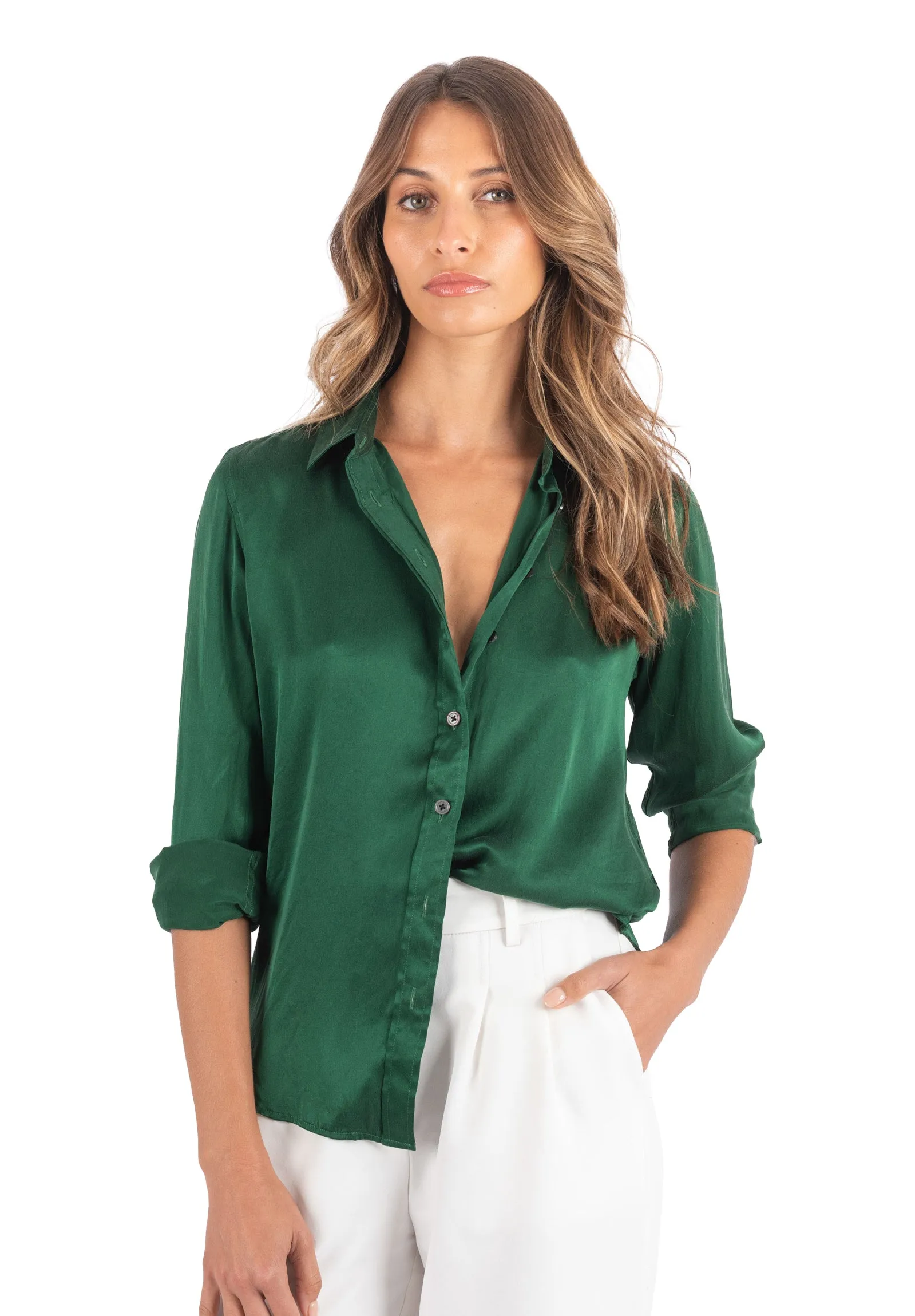 Satin-Silk Emerald Green Classic Charmeuse Silk Shirt