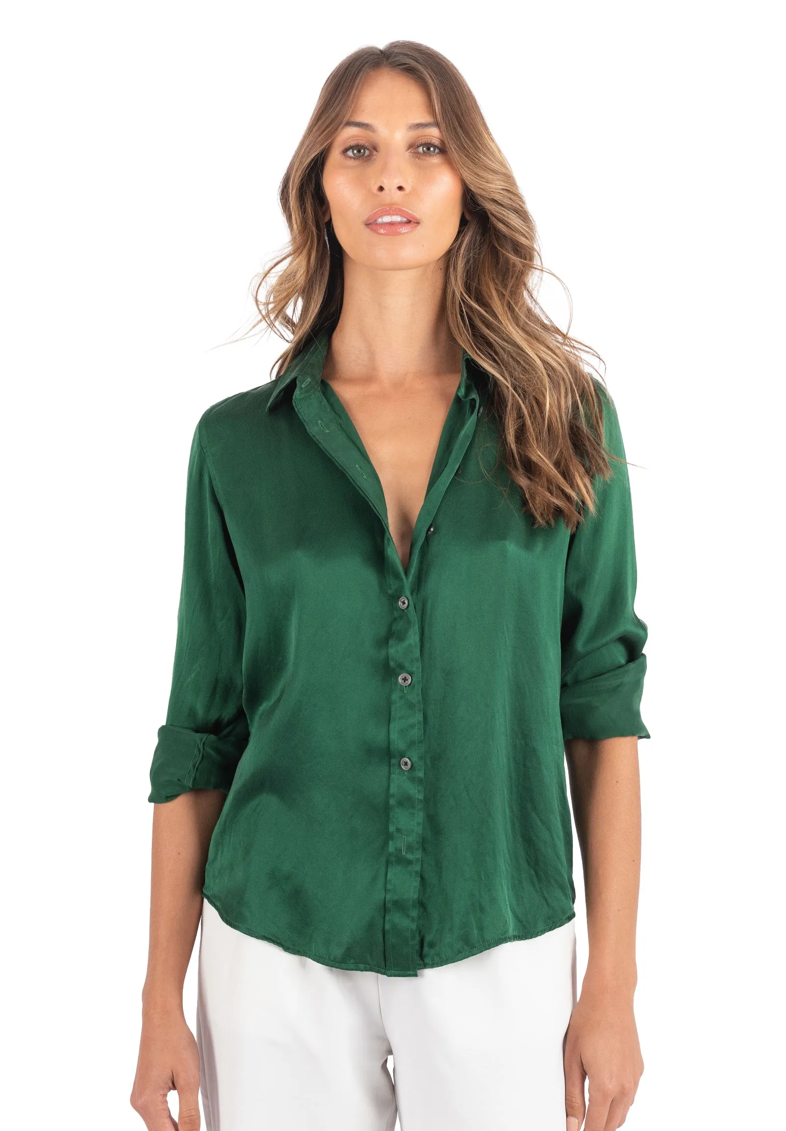 Satin-Silk Emerald Green Classic Charmeuse Silk Shirt