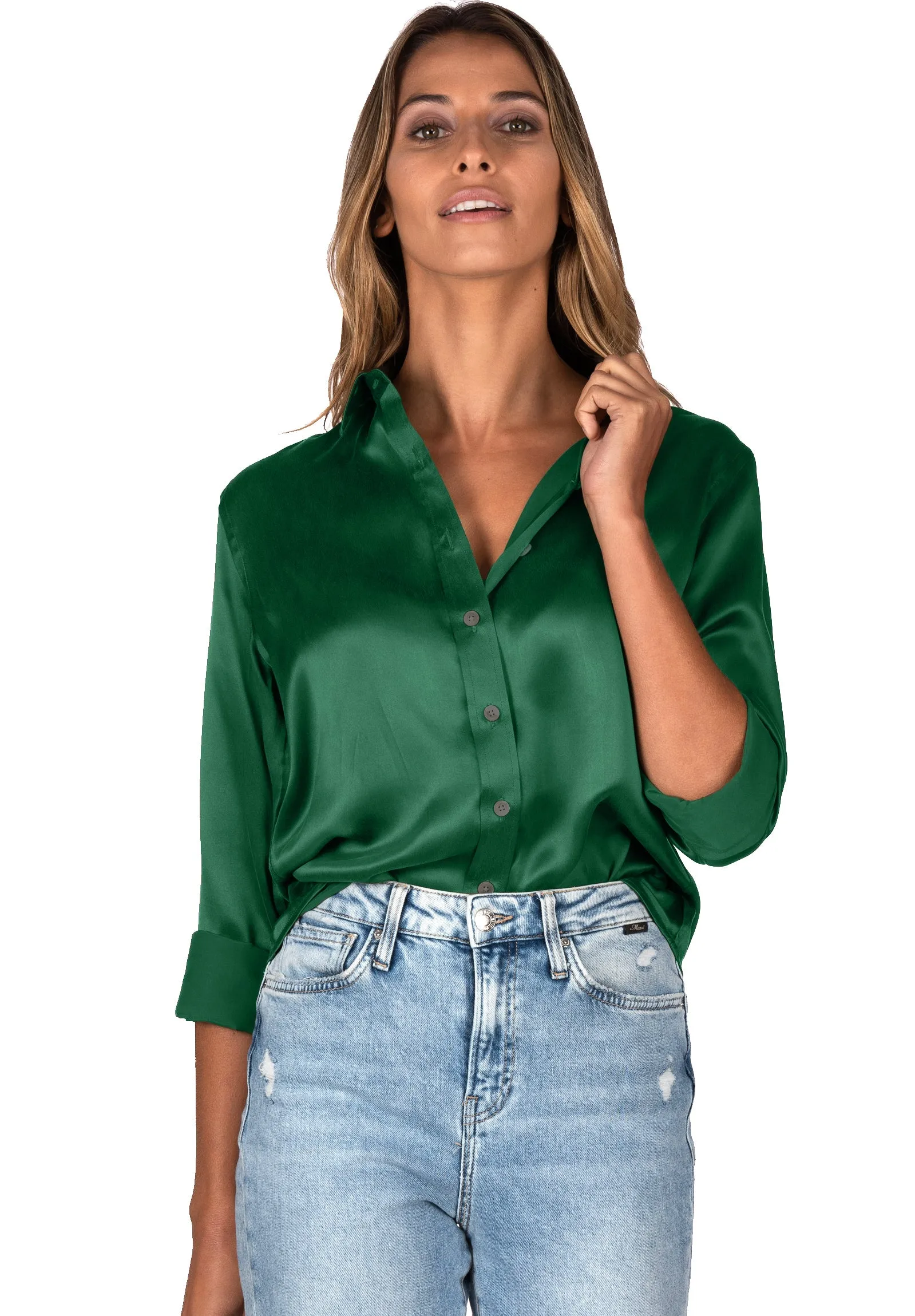 Satin-Silk Emerald Green Classic Charmeuse Silk Shirt