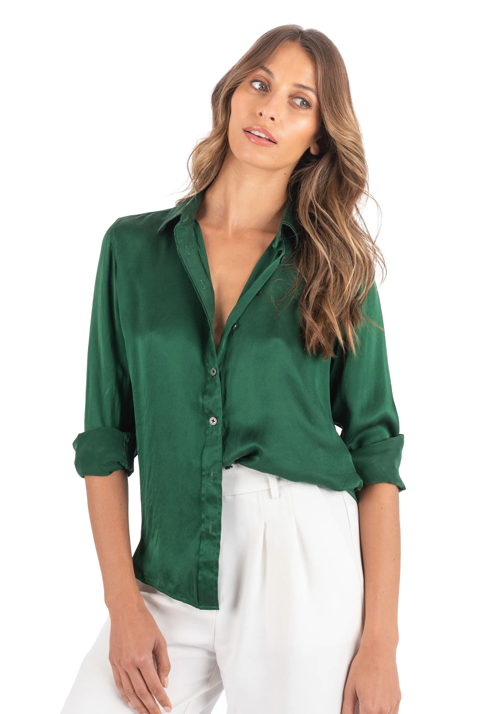 Satin-Silk Emerald Green Classic Charmeuse Silk Shirt