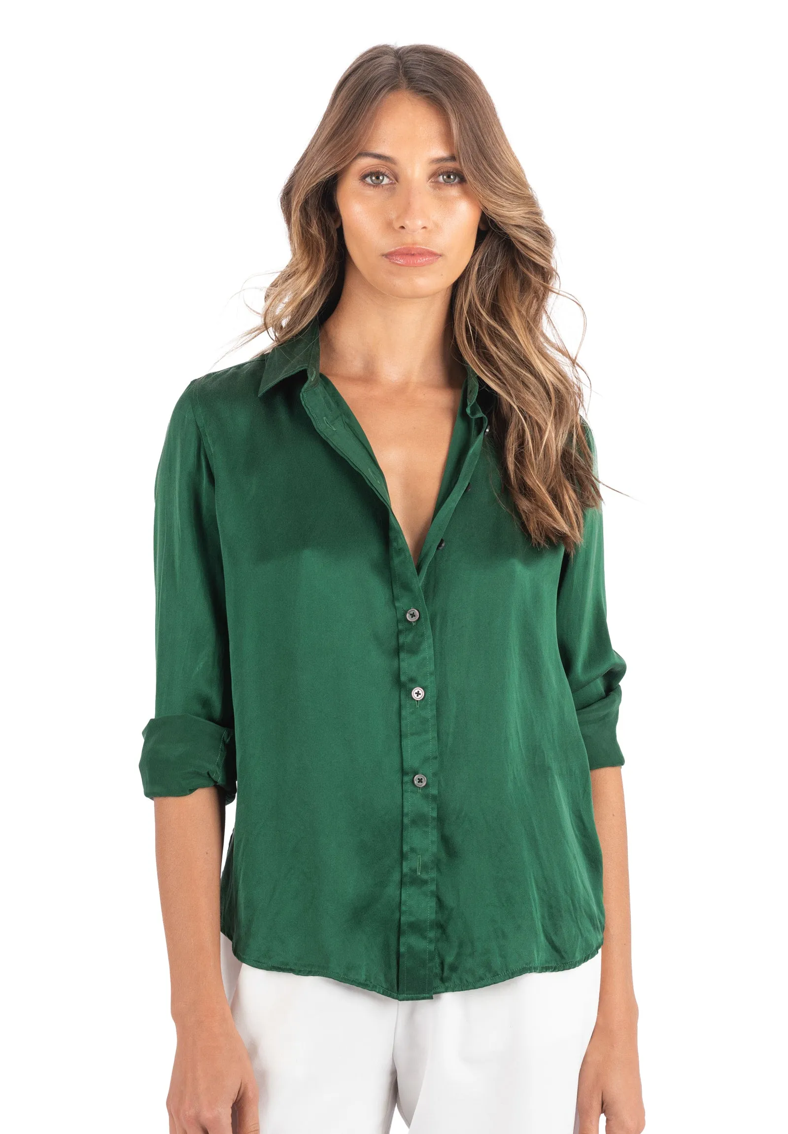 Satin-Silk Emerald Green Classic Charmeuse Silk Shirt