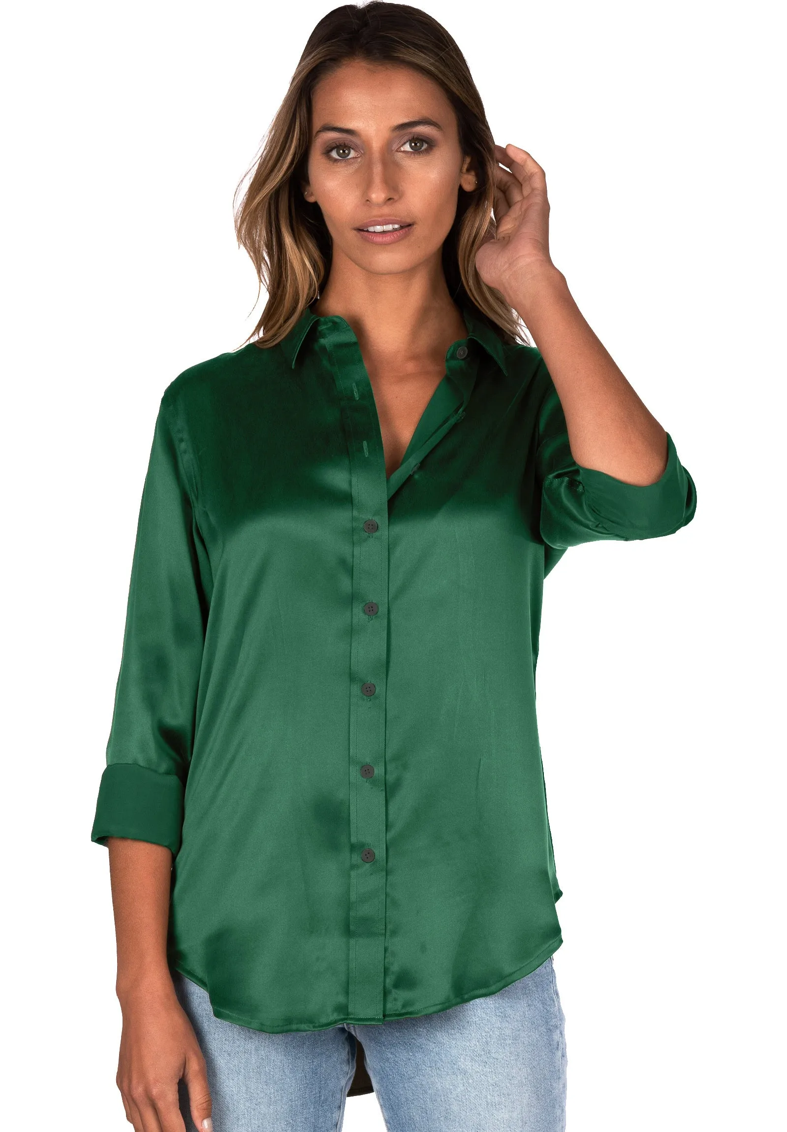 Satin-Silk Emerald Green Classic Charmeuse Silk Shirt