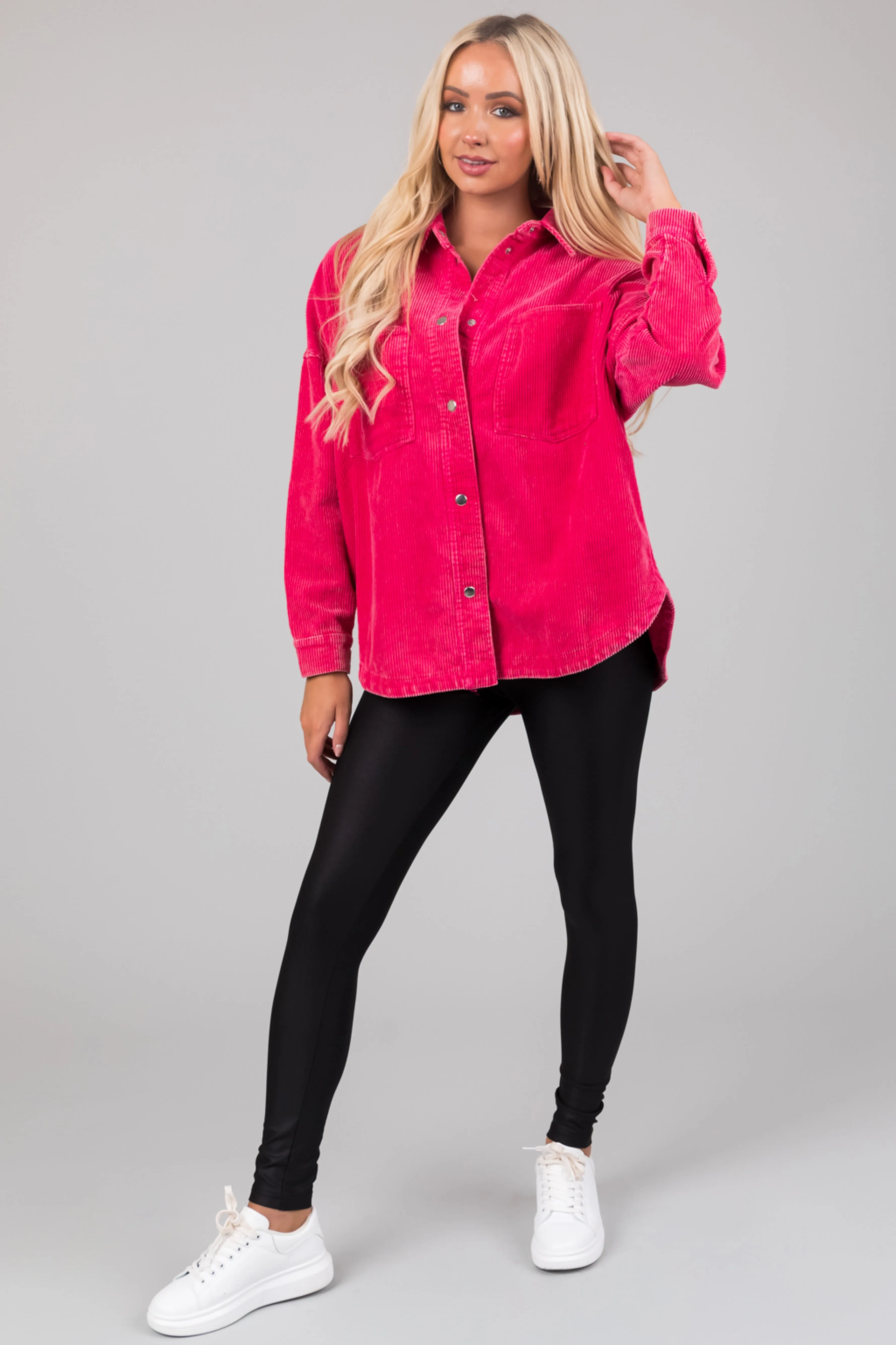 She Sky Hot Pink Snap Button Corduroy Shacket