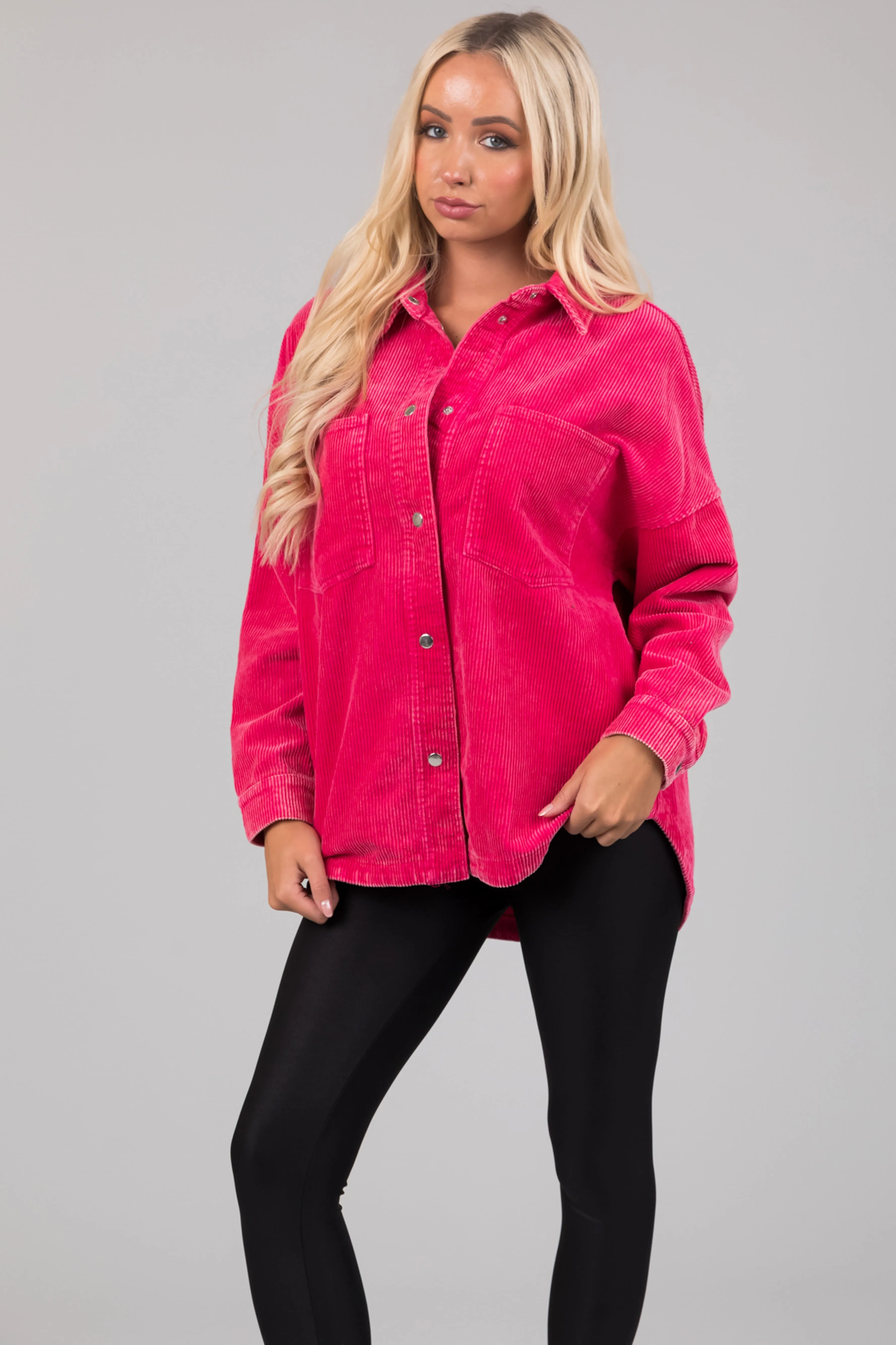 She Sky Hot Pink Snap Button Corduroy Shacket