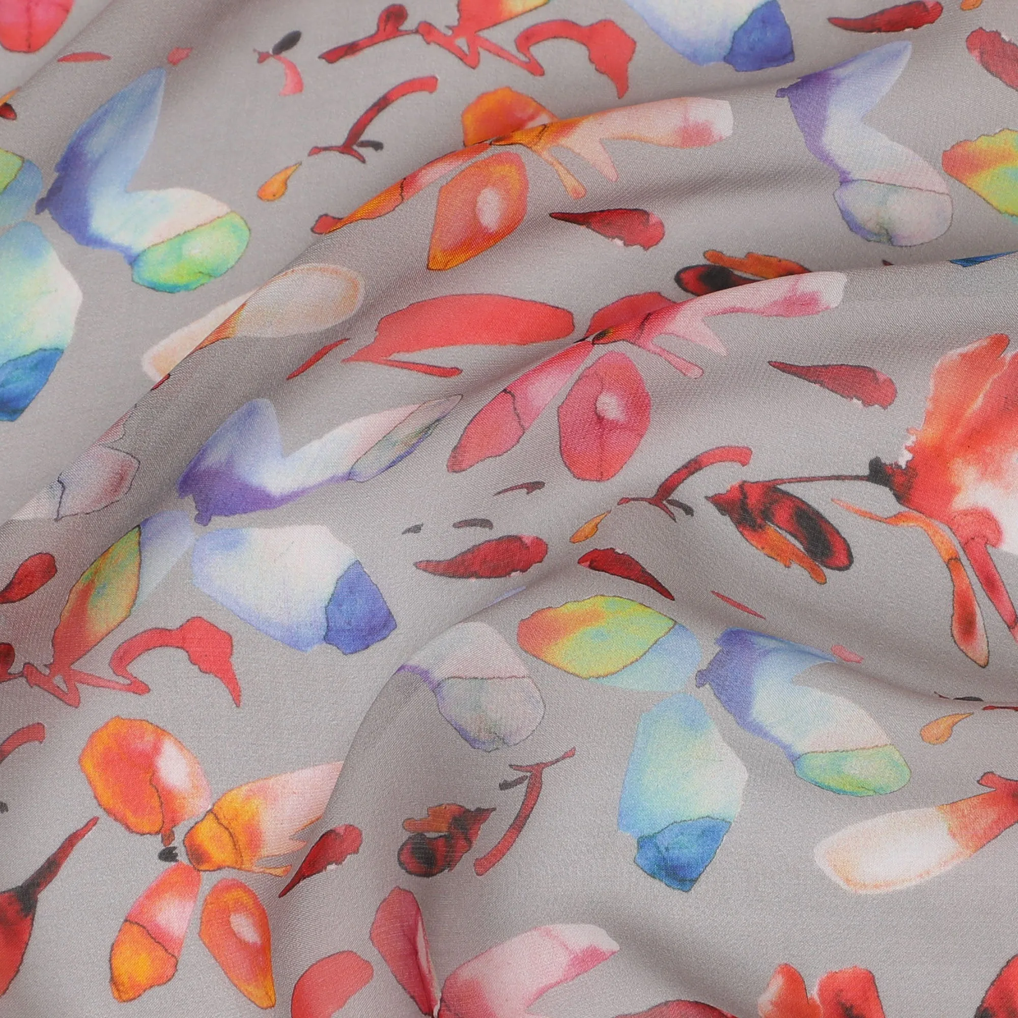 Soft Gray Synthetic Chiffon Fabric with Vibrant Multicolor Floral Print, 140 cm Wide-D19121