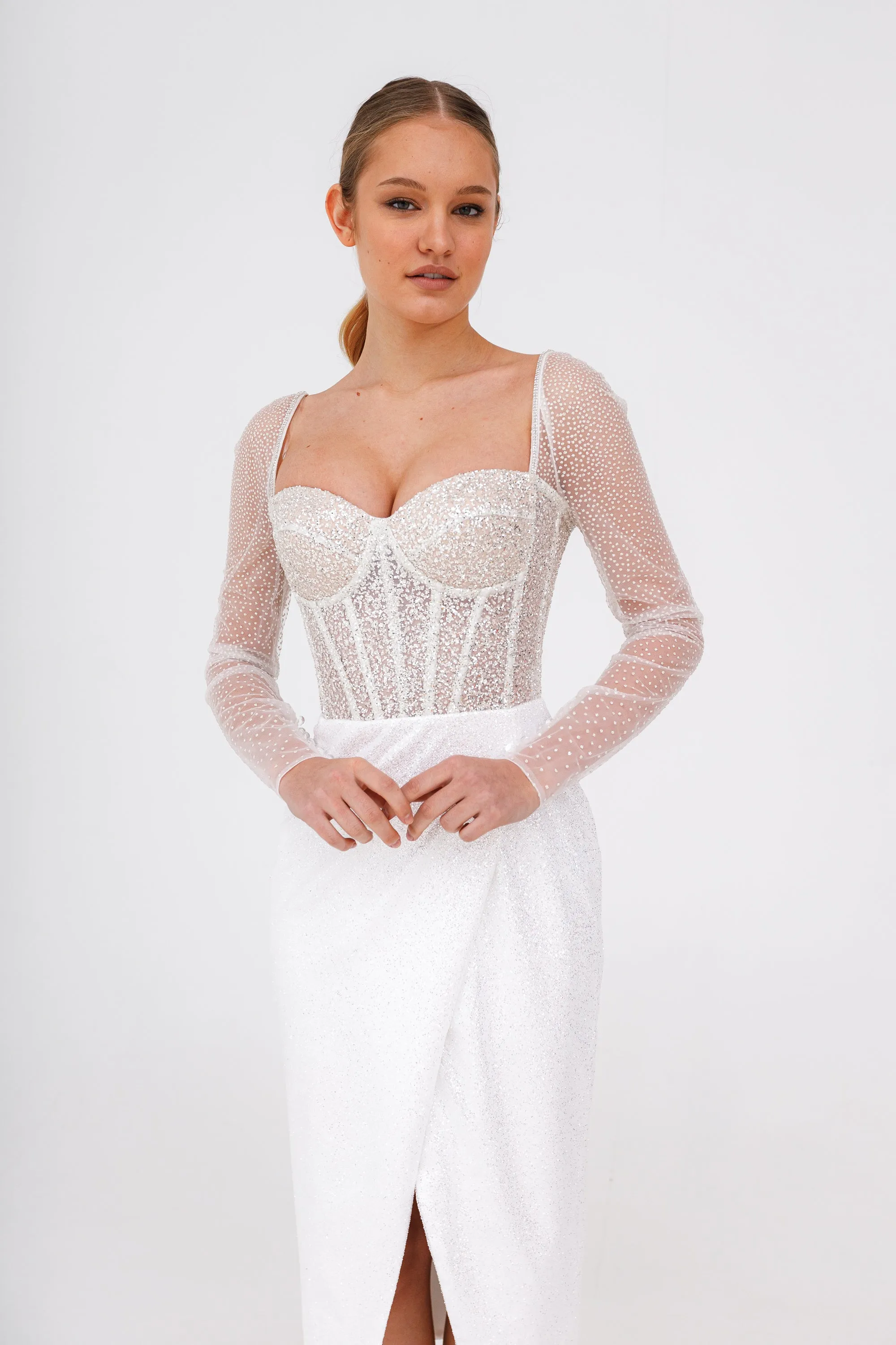 Sparkly Midi Wedding Dress Gemma with Long Sleeves