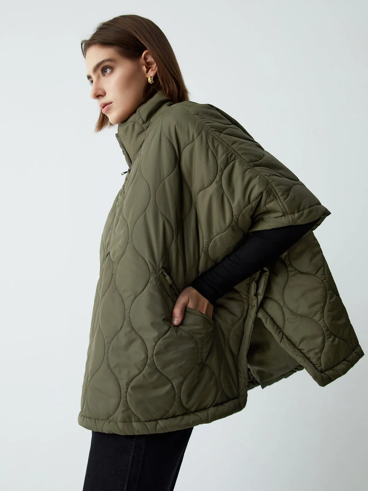 Stand Collar Quilted Trendy Puffer Cape Coat