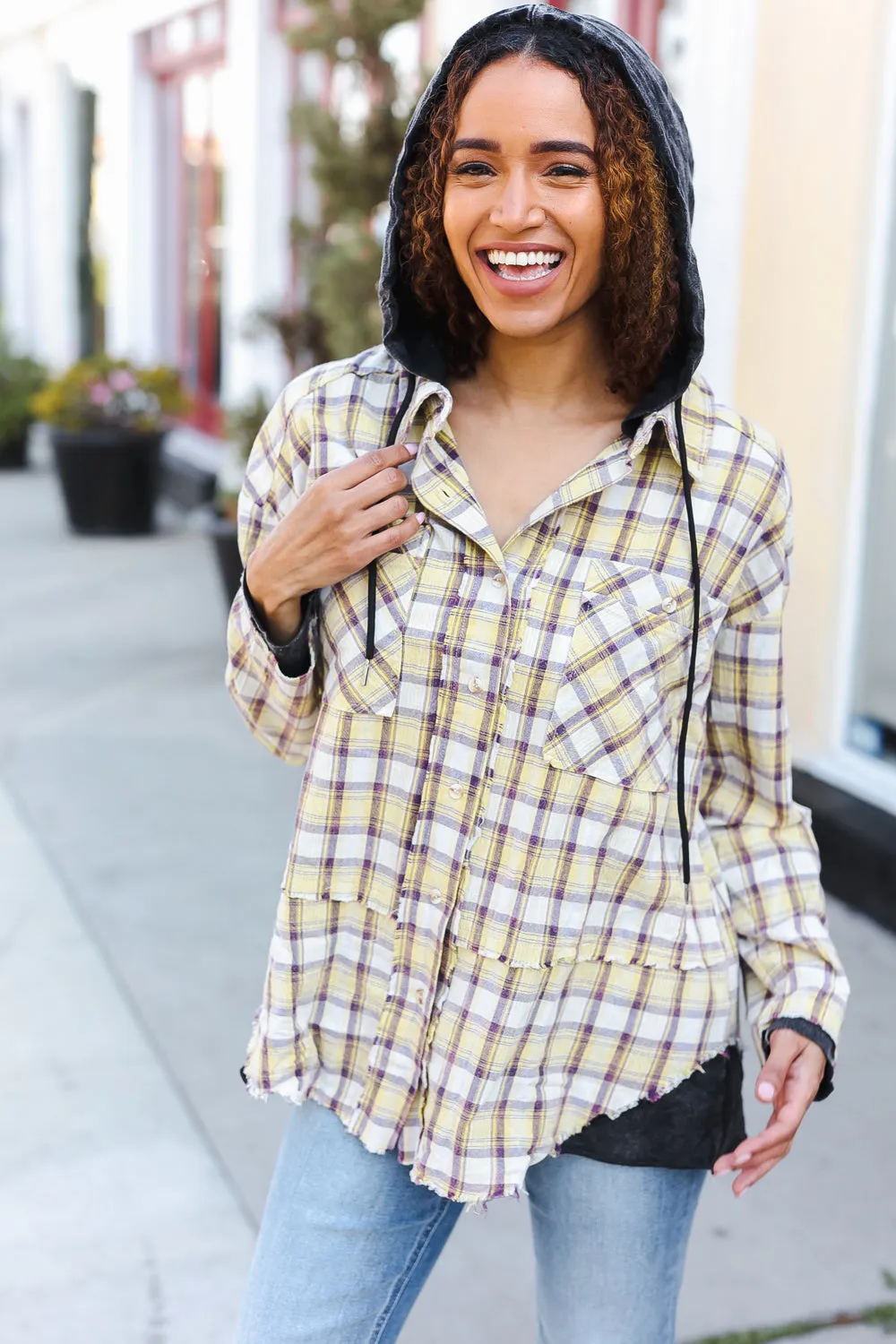 Taupe & Yellow Plaid 2-in-1 Shacket Hoodie