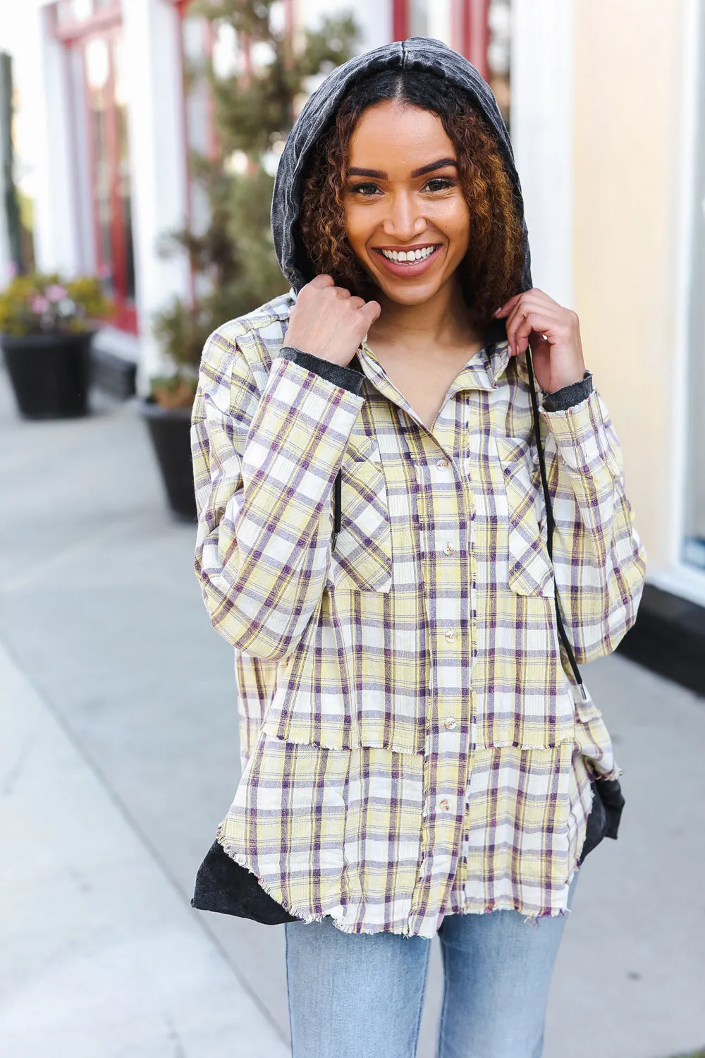 Taupe & Yellow Plaid 2-in-1 Shacket Hoodie