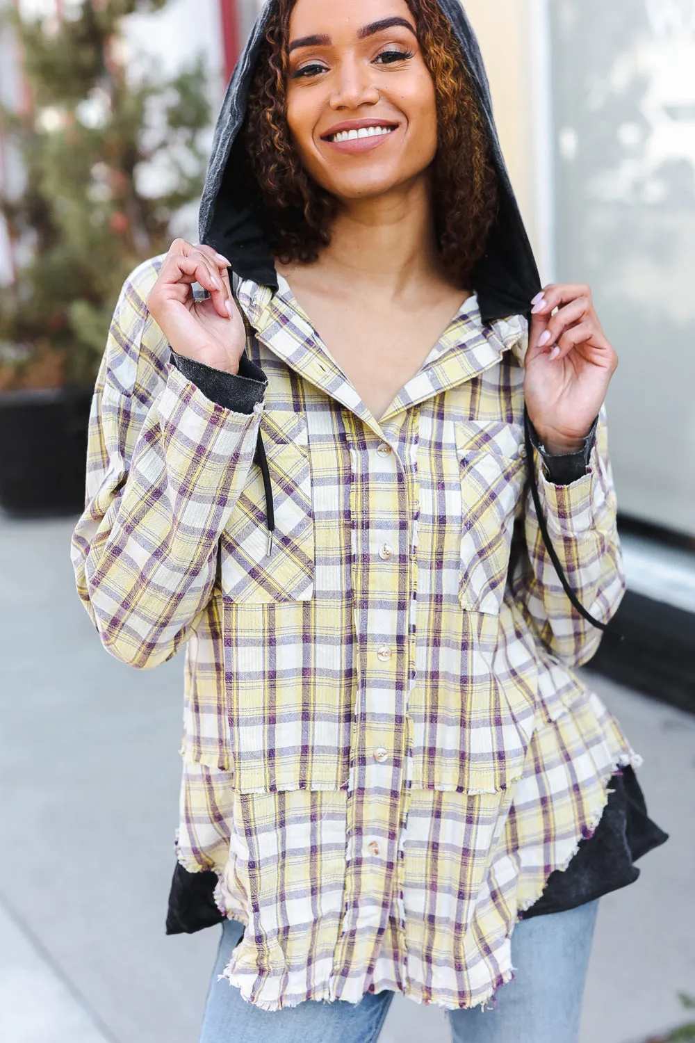 Taupe & Yellow Plaid 2-in-1 Shacket Hoodie