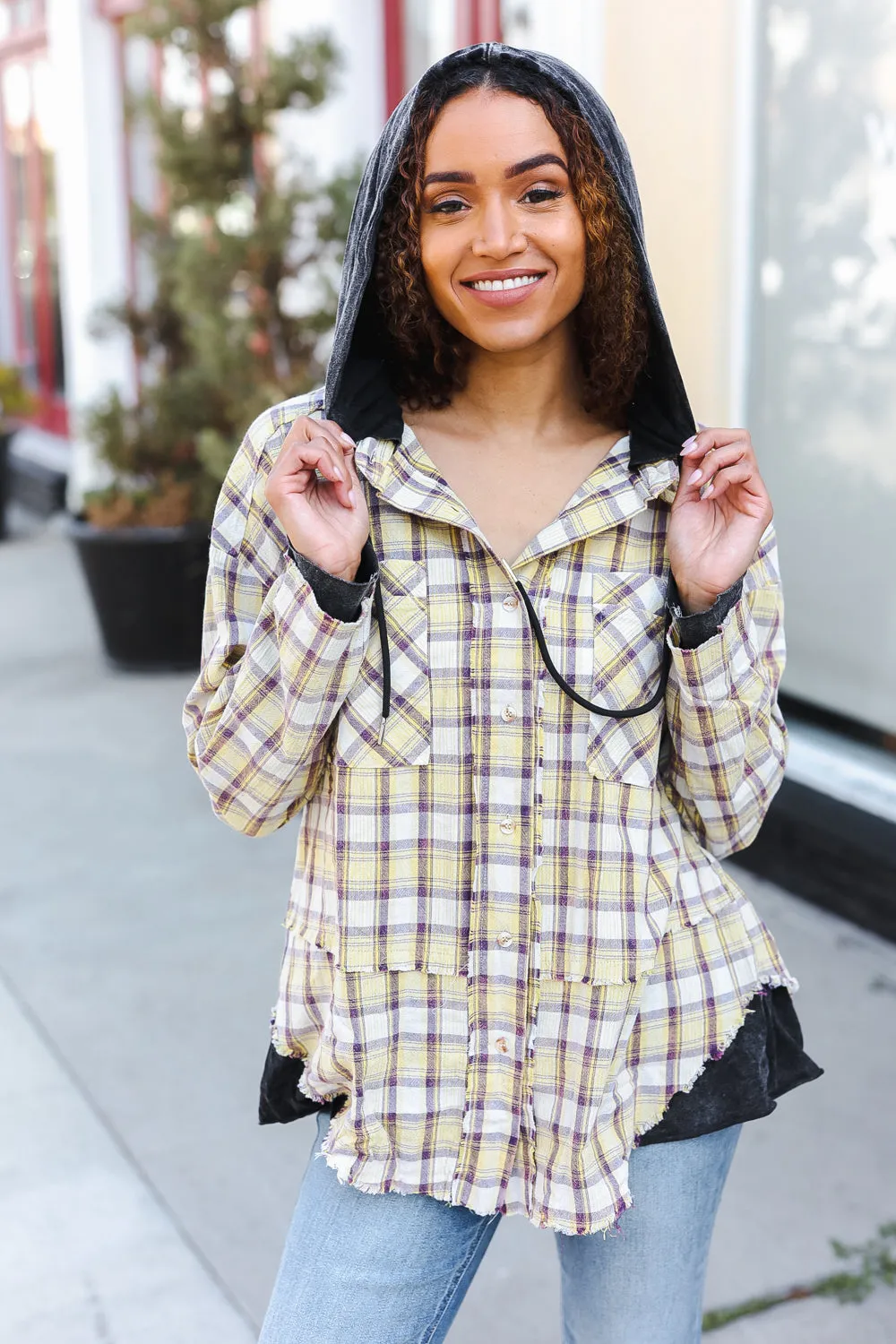 Taupe & Yellow Plaid 2-in-1 Shacket Hoodie