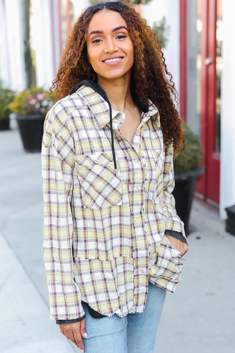 Taupe & Yellow Plaid 2-in-1 Shacket Hoodie